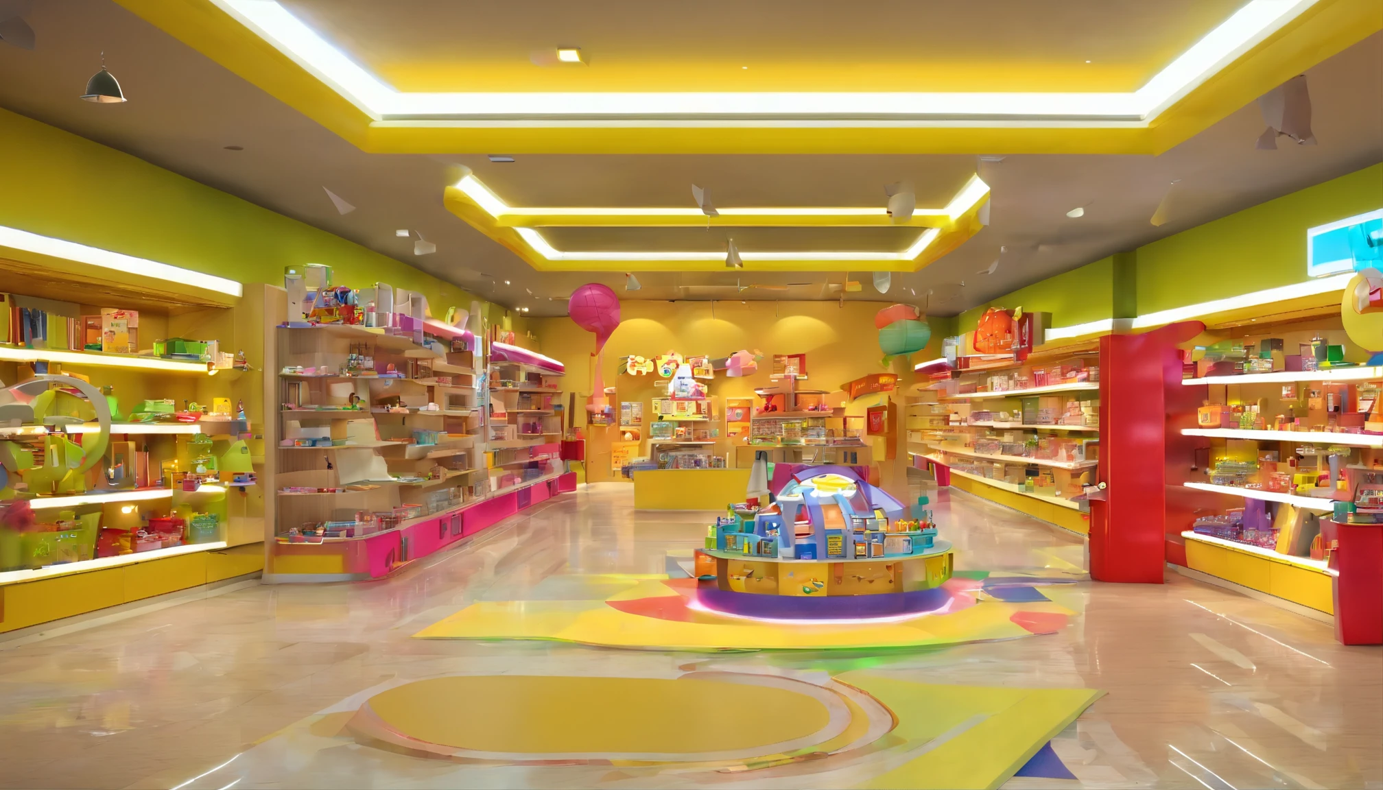 A toy store in the mall，Yellow border，Open plan decoration design，a 3D render,Best quality