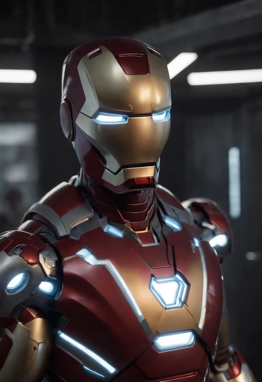 Marvel's somber portrait of Iron Man with intricate angular cybernetic implants inside a futuristic kitchen, cyberpunk, Foto premiada, Neon lights, cybernetic limb, cuerpo entero, Holding an empty plate, obra maestra, UHD, 32K, ultrarrealista, HQ 4K, Renderizado en Unreal Engine 4K HQ, Renderizado en Unreal Engine 4K HQ, Arte conceptual 4K e hiperrealismo, Renderizado 4K detallado, Ironman, ArtStation 4K, Renderizado 4K de alto detalle, Tendencias 4K en la sede de ArtStation, Extremadamente fotorrealista