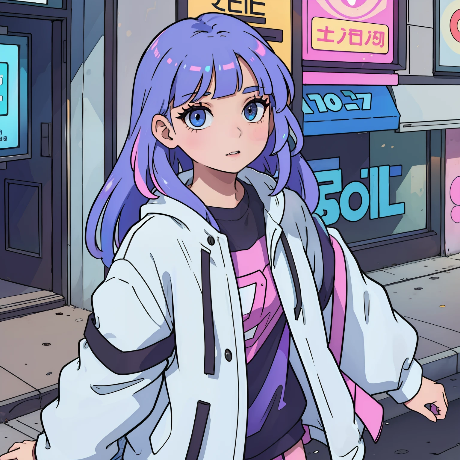 Girl gets unique beauty with iridescent hair and modern clothes on the street