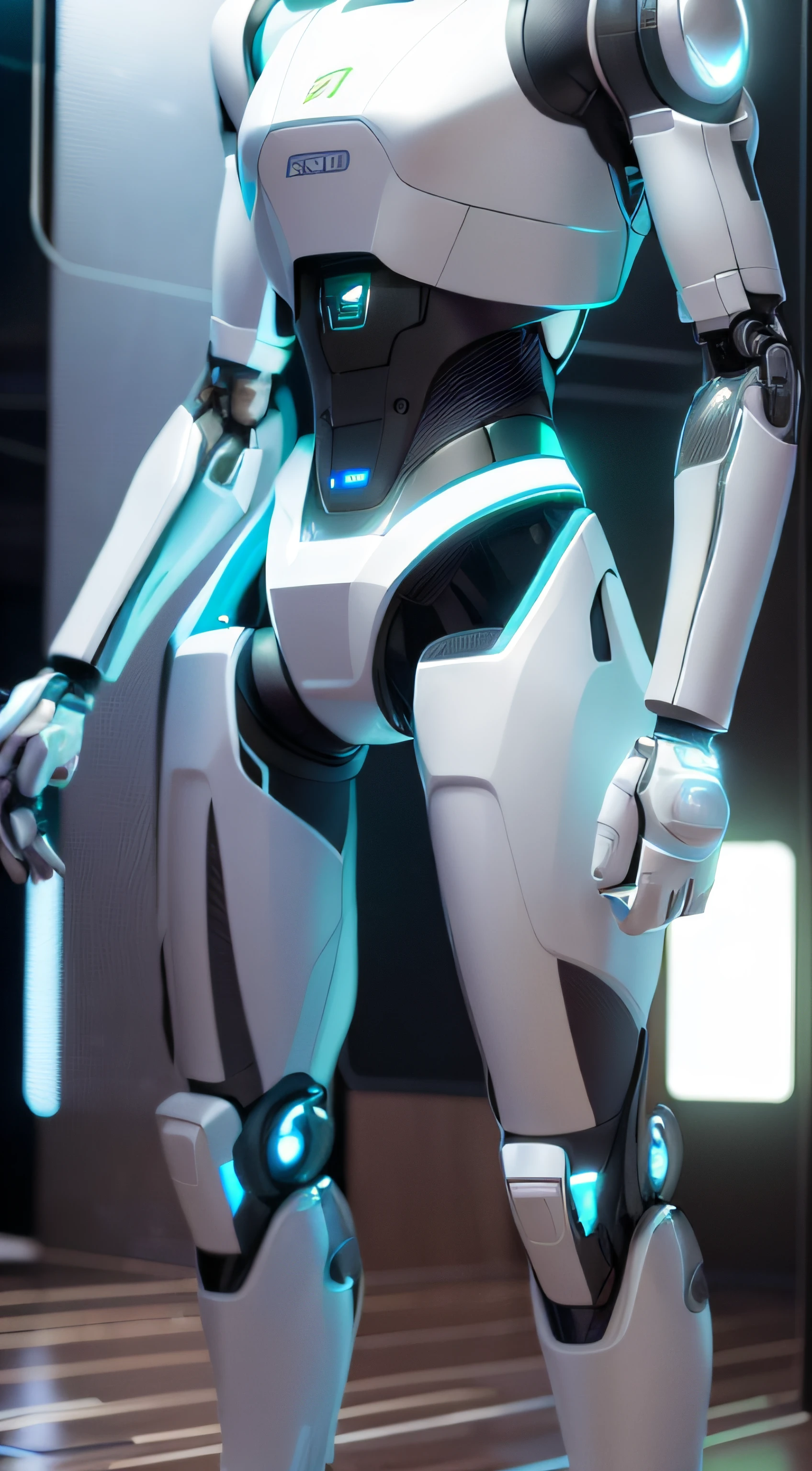 Close-up of robot standing in room, Super delicate male robot, realistic shaded robotic parts, rendered in nvidia's omniverse, detailed humanoid, Super detail depicting hands and feet,sci - fi details, extra detailed body, Futuristic robot body, detailed cinematic rendering, sci-fi android female, With cinematic lighting, in white futuristic armor, detailed cinematic shot