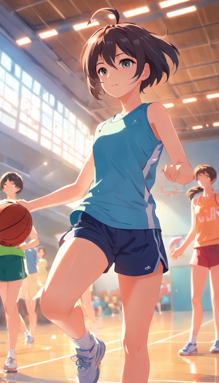 I'm a girl in high school gym clothes。Play sports。a pixie cut、