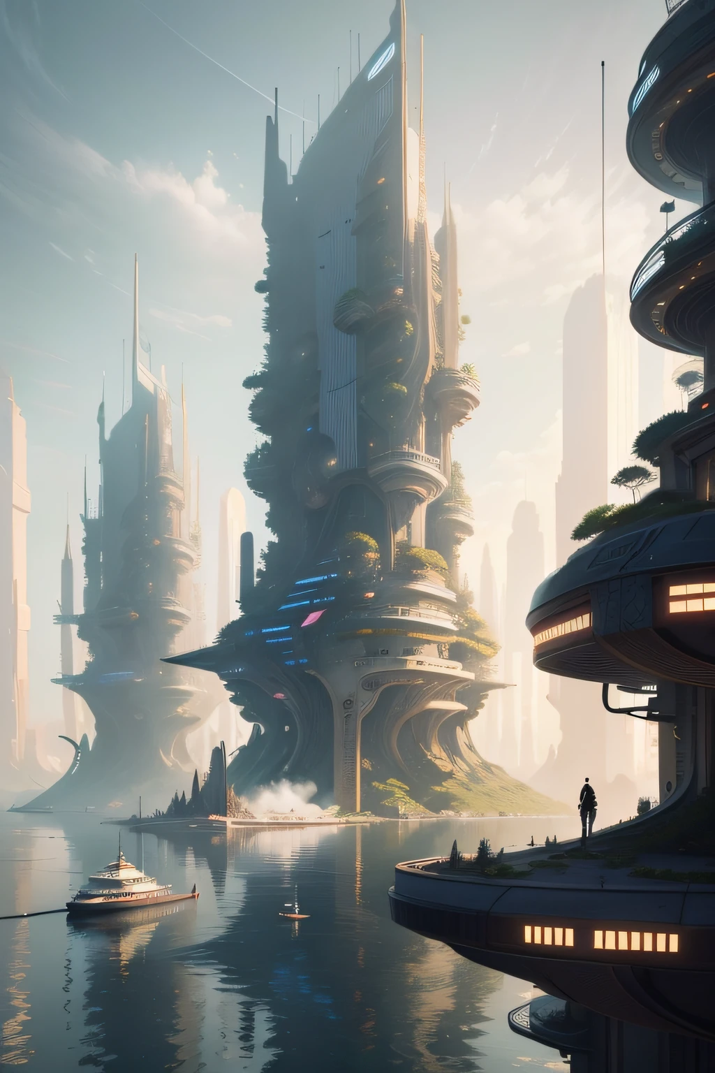 Cidade futuristica,Huge buildings and boats in the water, concept art inspired by Stephan Martinière, cgsociety contest winner, Fantasy art, solarpunk futuristic utopia, stuning fantasy 3 d render, fantasy architecture, futuristic palace, Sunpunk architecture, solarpunk city, in fantasy sci - fi city, solarpunk utopia, solarpunk village