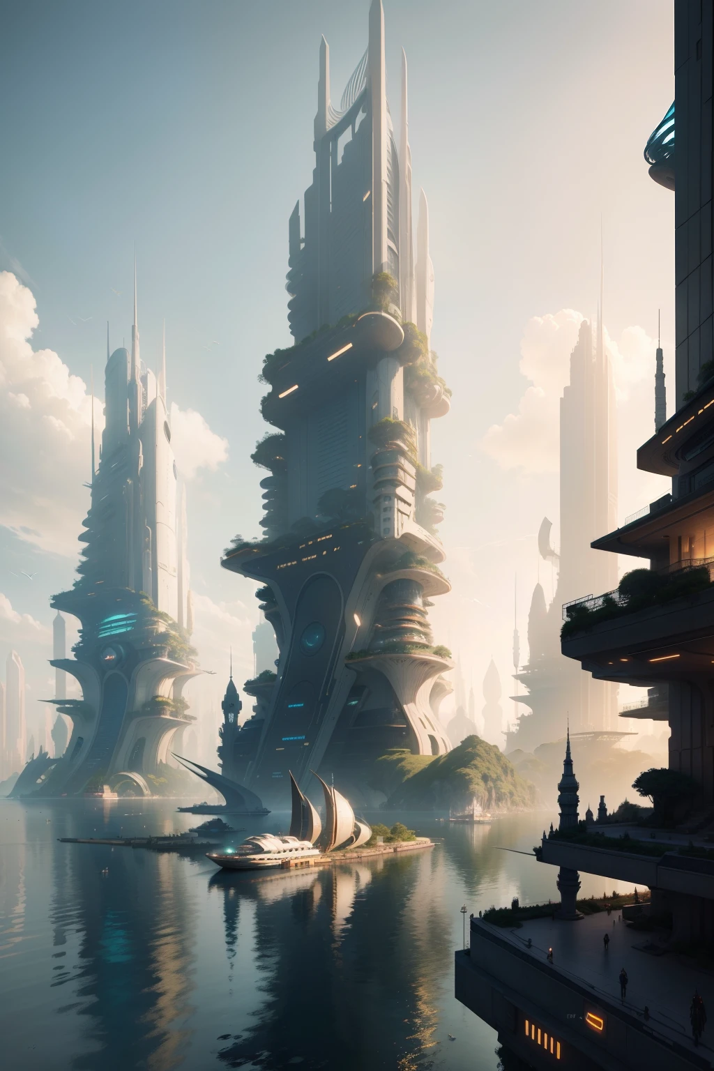 Cidade futuristica,Huge buildings and boats in the water, concept art inspired by Stephan Martinière, cgsociety contest winner, Fantasy art, solarpunk futuristic utopia, stuning fantasy 3 d render, fantasy architecture, futuristic palace, Sunpunk architecture, solarpunk city, in fantasy sci - fi city, solarpunk utopia, solarpunk village