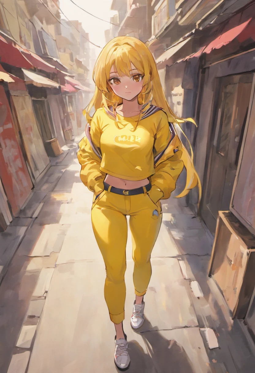 Beautiful Latina woman in sports yellow pants and yellow top standing on the sidewalk, usando regata vermelha, tanque vermelho, cintura fina, Midriff Nu, midriff exposto, usando um top cropped sexy, Encaixe figura delicada, usando uma roupa vermelha, yellow , tinyest midriff ever, roupas vermelhas, foto de modelo de menina slim