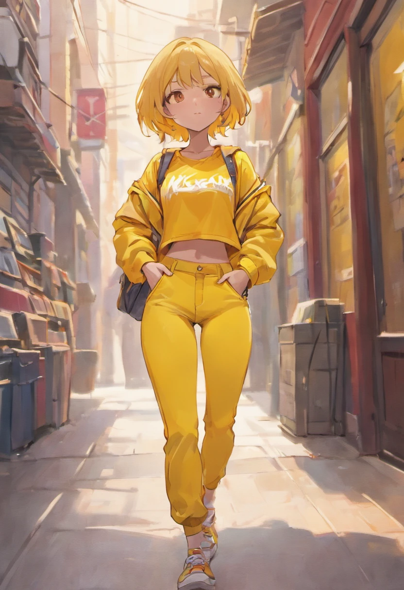 Beautiful Latina woman in sports yellow pants and yellow top standing on the sidewalk, usando regata vermelha, tanque vermelho, cintura fina, Midriff Nu, midriff exposto, usando um top cropped sexy, Encaixe figura delicada, usando uma roupa vermelha, yellow bra, tinyest midriff ever, roupas vermelhas, foto de modelo de menina slim