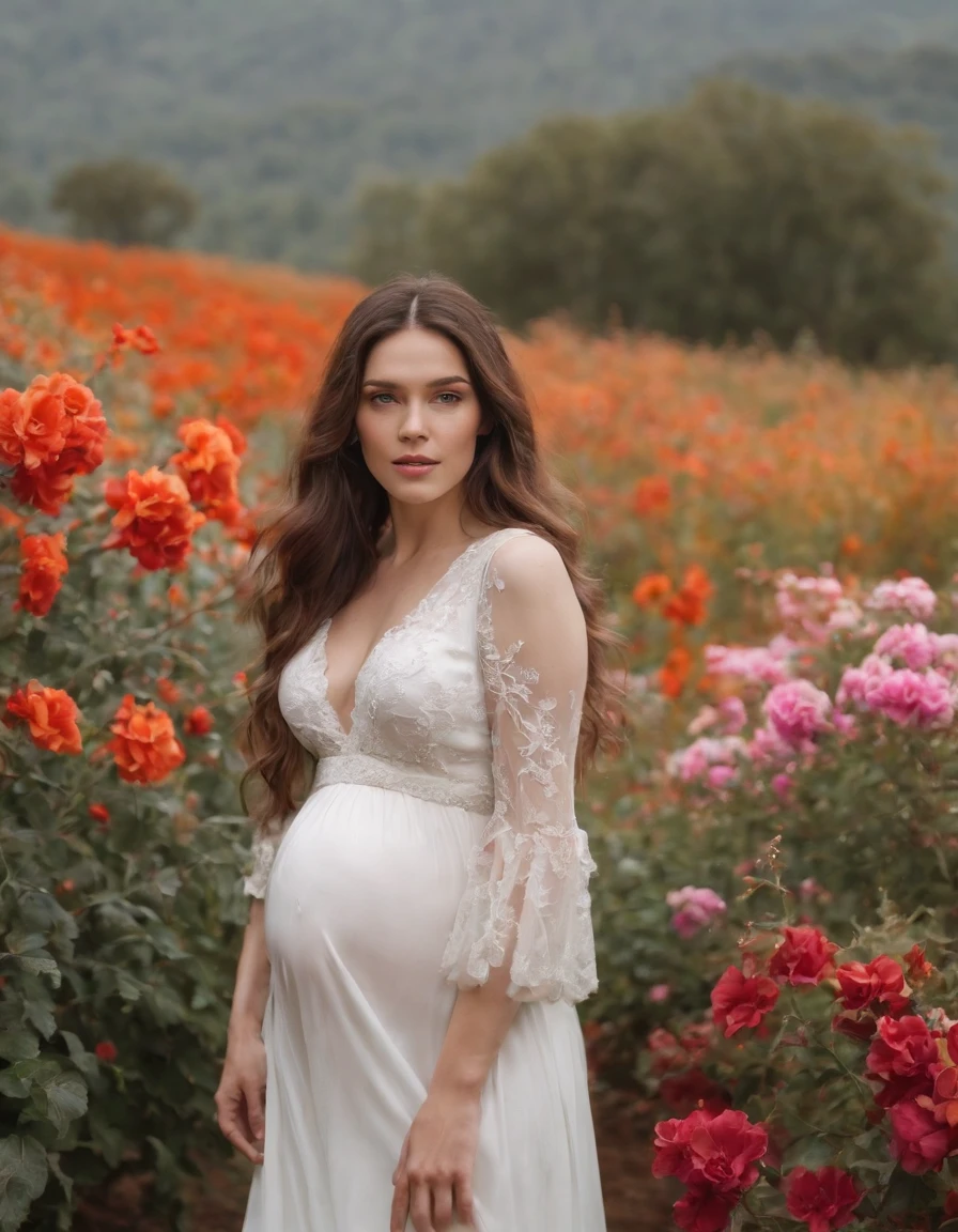 Cowboy Shot，Medium Long Shot，pregnant woman，Beautiful girl, Stand with your hands dangling, long hair flowing with the wind, In the middle of colorful flower beds, White dress
