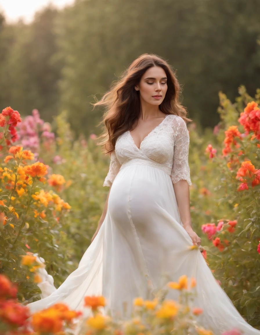 Cowboy Shot,Medium Long Shot,pregnant woman,Beautiful girl, Stand with your hands dangling, long hair flowing with the wind, In the middle of colorful flower beds, White dress