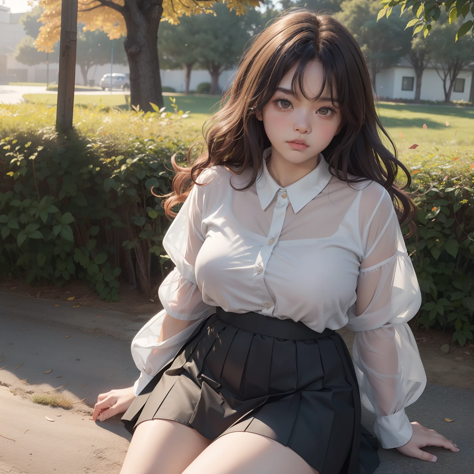 Similar to Akina Nakamori、、Little fat girl、18year old、Bronze hair、Curly、Transparent cotton shirt、Angry face、Autumn landscape、Hair illuminated by the sun、Little fat woman、skirt by the、hightquality、校服、tanned face、tiny chest、Underwear is visible from the skirt、A sexy、Sheer、 appearance、see -through、drooing eyes、sulky face、Best Quality, full-face blush. pantie shot, pov feet, Barefoot, Open your clothes. pile-driver. (thighs thighs thighs thighs).(Open your clothes)