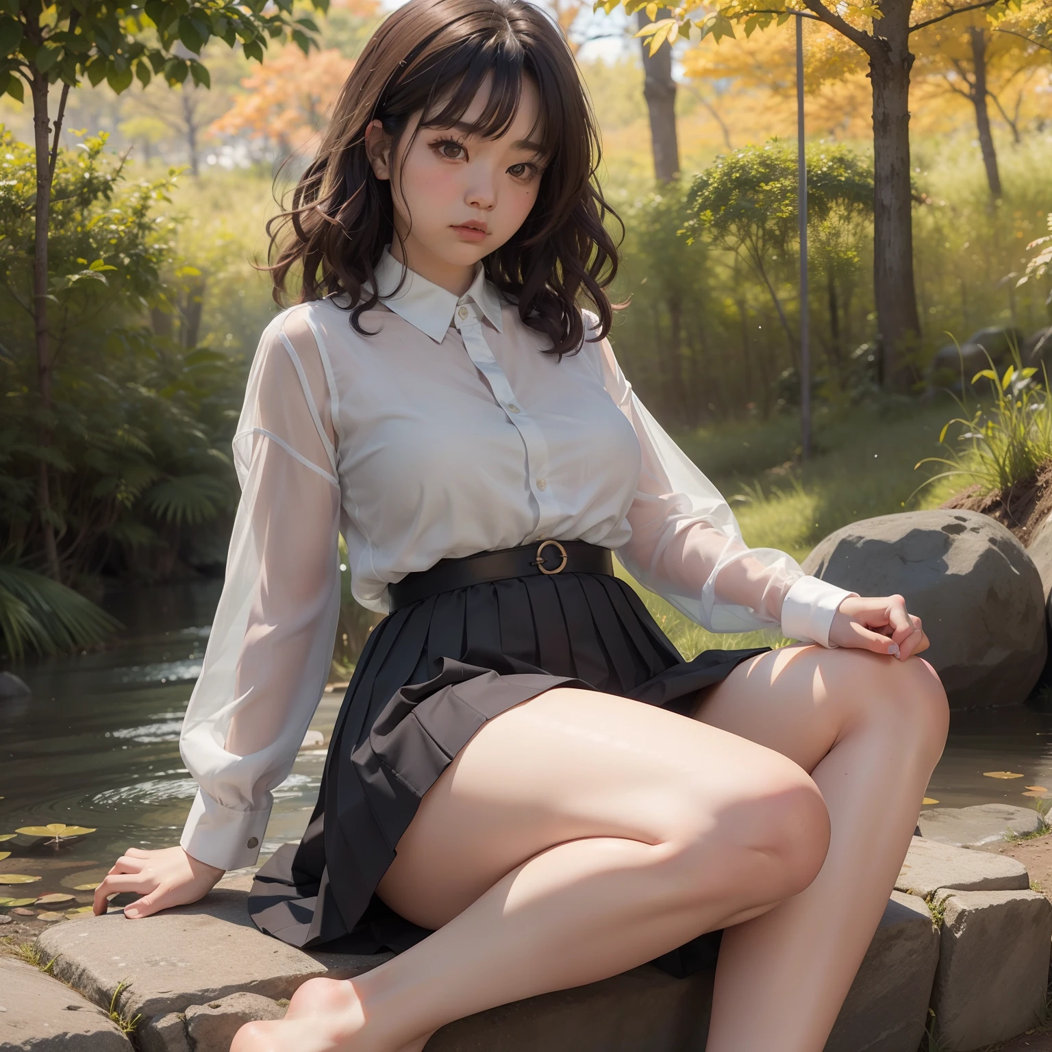 ((18-year-old beautiful girl)), ((high quality)),(lower breasts are visible)), wearing a shirt wet with water down to the bottom of the chest)), (wearing no underwear)), ((wearing flesh-colored pantyhose)),(sitting on one knee on a garden bench)),