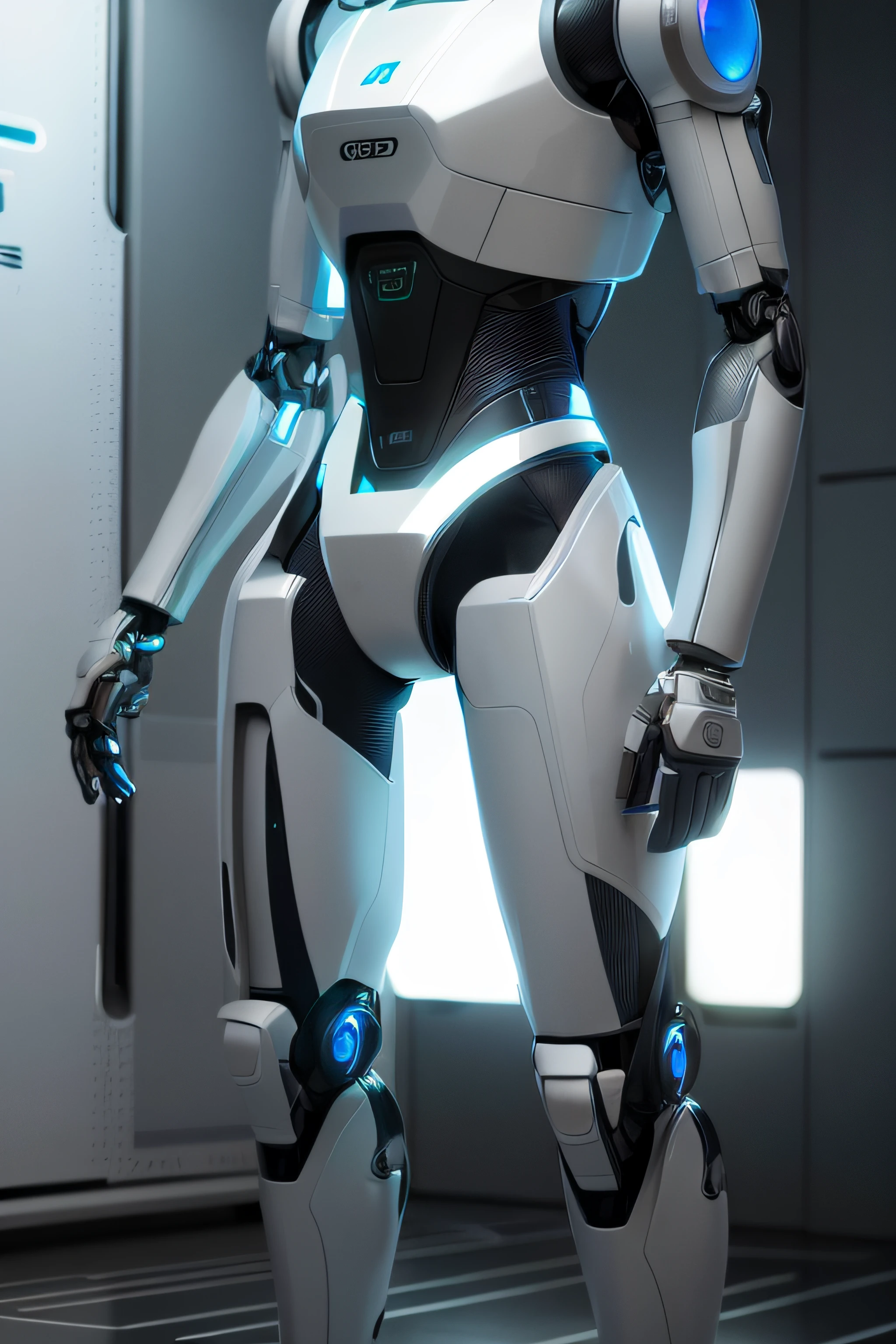 Close-up of a robot standing in a room, Super detailed male robot, realistic shaded robotic parts, rendered in nvidia's omniverse, detailed humanoid, Super detailed details portrayed hands and feet,sci - fi details, extra detailed body, Futuristic robot body, detailed cinematic rendering, sci-fi android female, With cinematic lighting, in white futuristic armor, detailed cinematic shot