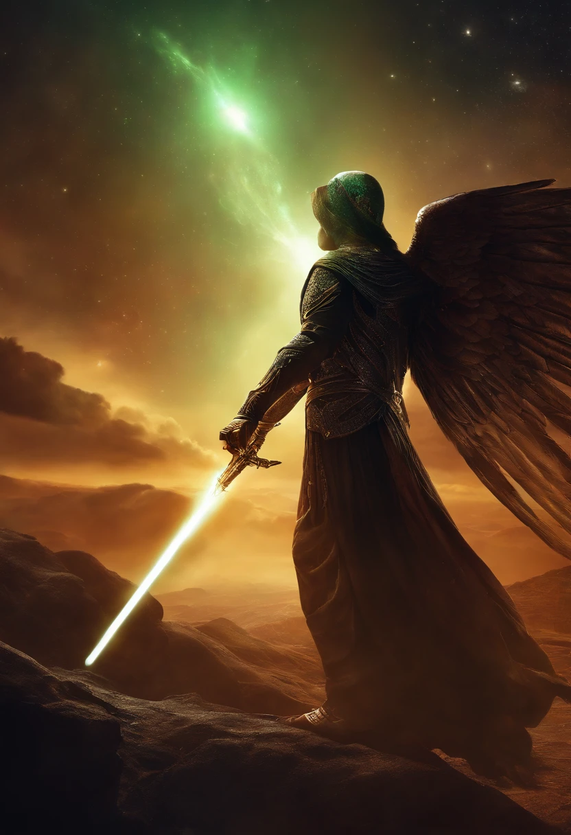 Cosmic Fallen Angel, glowing light eyes, Biomechanical, eerie, Creepy, nightmarish, Very bright colors, Light particles, with light glowing, Mshiv, wallpaper art, UHD wallpaper, Anakyr Skywalker, 15 years, Medieval clothes