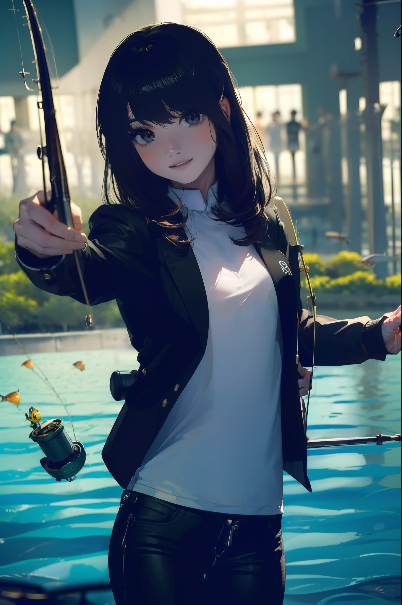 ((((Have fishing rod with a reel:1.5)))),((Female 28 years old)),((Best Quality:1.5)),(((Hands with the correct number and structure of fingers:1.4))),((lakeside:1.37)),hight resolution,ultra-detailliert,masterpiece,best qualtiy,(Eight-headed body),Black hair, long eyeslashes, Solid Circle Eyes, drop shadow, Atmospheric perspective,Super Detail, ccurate, small brest,(Black jacket and black jeans :1.1),top-quality, blurry backround, bokeh dof:1.2, (masterpiece:1.3), Atmospheric perspective,Super Detail,dynamic compositions, Ultra High Quality,