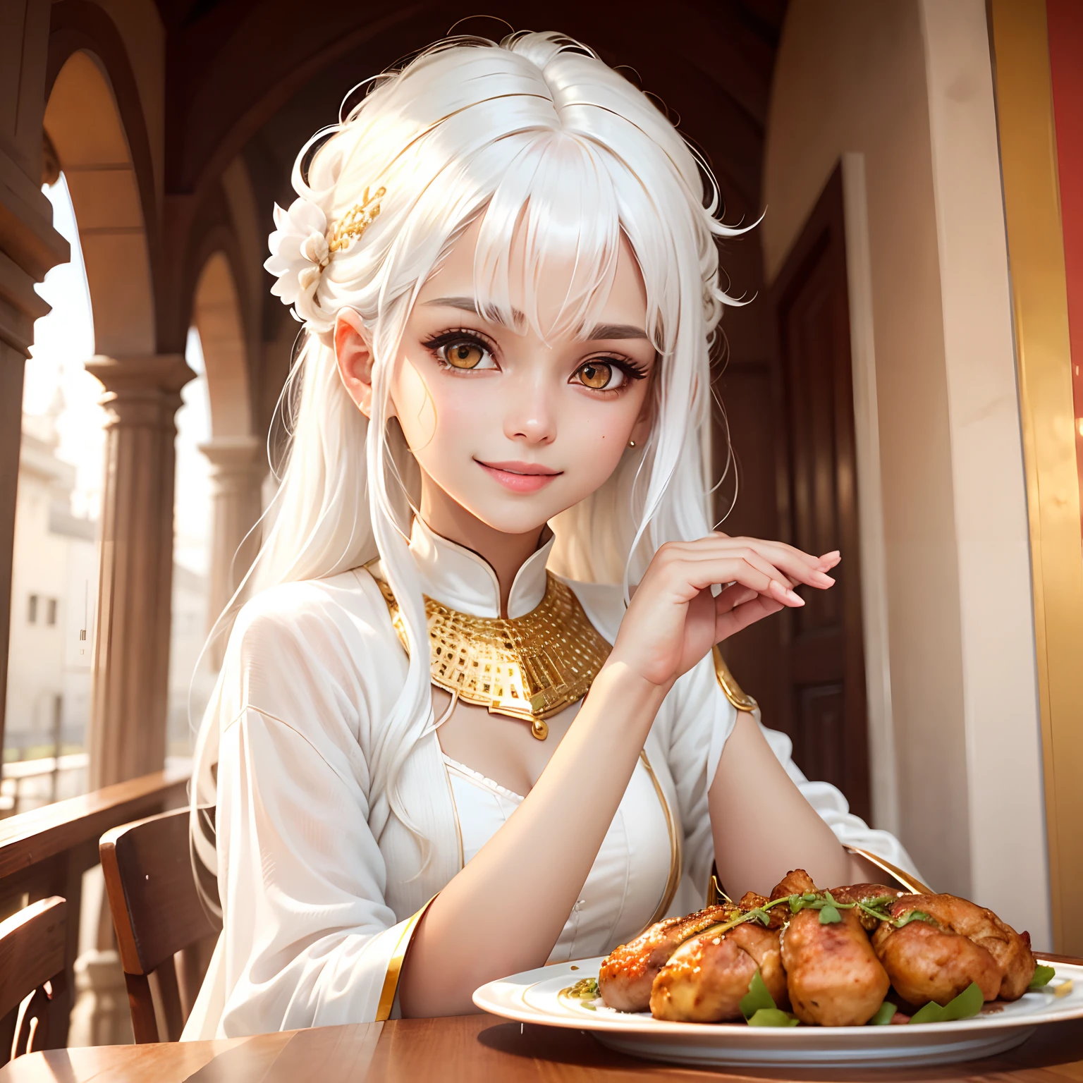 best quality, white hair, gold eyes, white clothes, looking up, upper body, hair strand, Fair skin, smiling, Tandoori Chicken, Dining