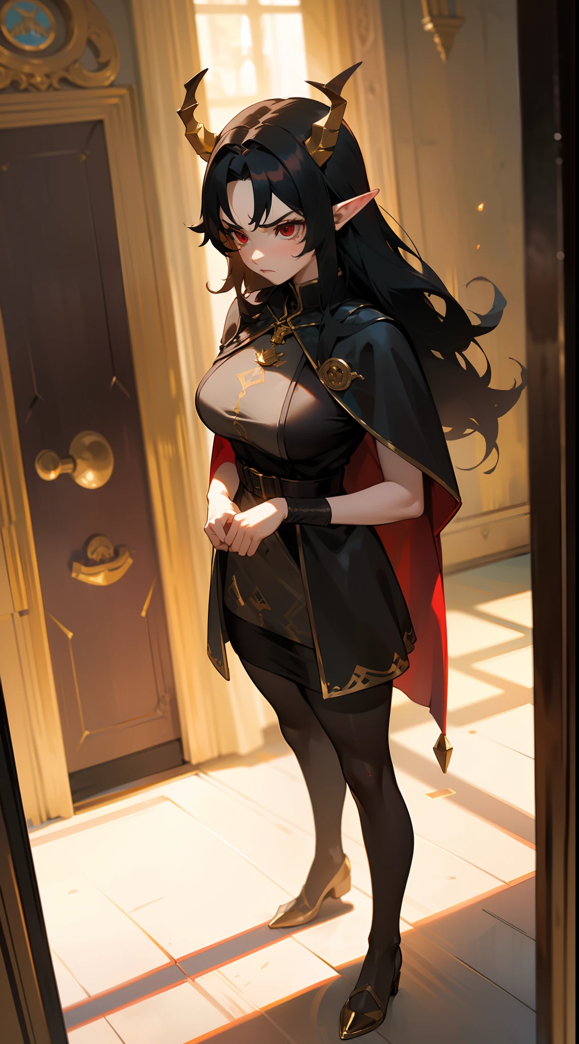 1woman,((40 years)),((madure woman)),solo,angry face,golden and black short dress,medium tits,black hair,long hair,red eyes,elves ears,golden horns,pantyhose,cape,(((standing in front of a room inside a castle)))