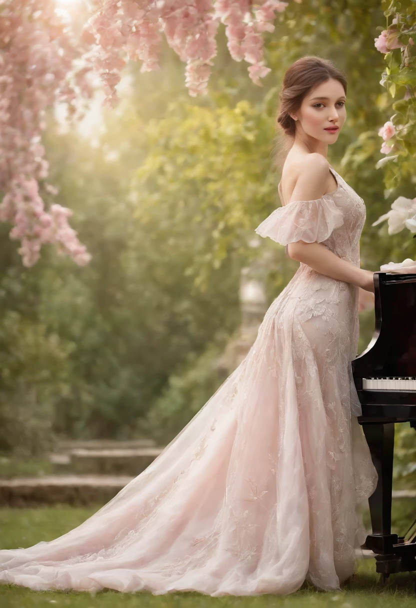 a girl wearing a dress made of piano,grand piano dress,vintage piano dress,piano strings as dress details,elaborate piano keys as the texture,black and white outfit,delicate embroidery on the dress,cascading ruffles,innovative design,musical inspiration,sparkling crystals,mermaid silhouette,graceful movements,an ethereal garden scene, with blooming flowers,vibrant colors,soft sunlight filtering through the trees,majestic trees casting shadows,rustling leaves,dewdrops on petals,whispering breeze,harmonious melodies filling the air,musical notes dancing on the girl's dress,butterflies and birds fluttering around,vivid hues of pink,purple, and green,dreamlike atmosphere,impressive level of detail,high-resolution painting,realistic rendering of the piano keys,emphasizing the elegance and grandeur of music,impressionistic style with soft brushstrokes,impeccable lighting with subtle chiaroscuro effects