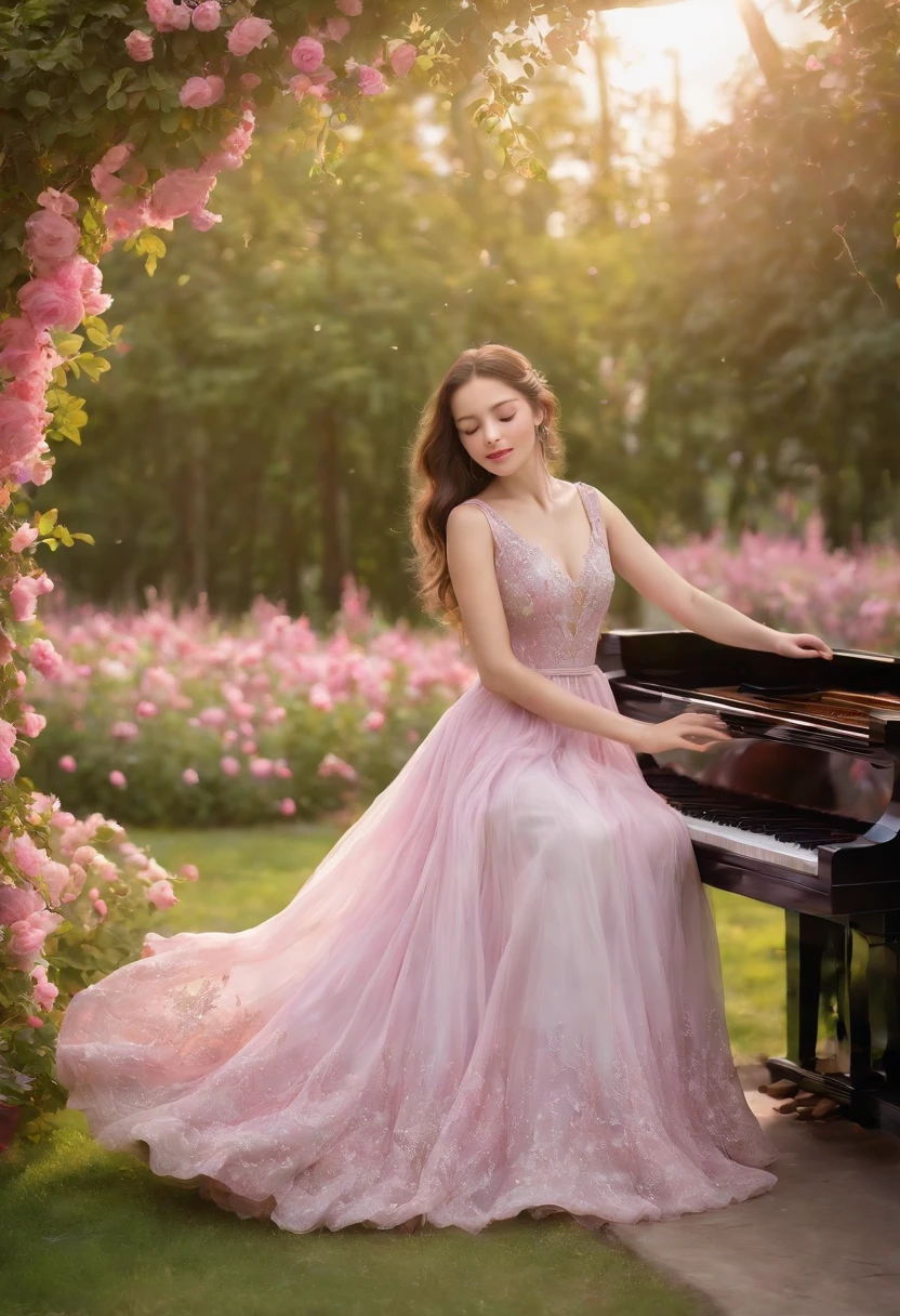a girl wearing a dress made of piano,grand piano dress,vintage piano dress,piano strings as dress details,elaborate piano keys as the texture,black and white outfit,delicate embroidery on the dress,cascading ruffles,innovative design,musical inspiration,sparkling crystals,mermaid silhouette,graceful movements,an ethereal garden scene, with blooming flowers,vibrant colors,soft sunlight filtering through the trees,majestic trees casting shadows,rustling leaves,dewdrops on petals,whispering breeze,harmonious melodies filling the air,musical notes dancing on the girl's dress,butterflies and birds fluttering around,vivid hues of pink,purple, and green,dreamlike atmosphere,impressive level of detail,high-resolution painting,realistic rendering of the piano keys,emphasizing the elegance and grandeur of music,impressionistic style with soft brushstrokes,impeccable lighting with subtle chiaroscuro effects