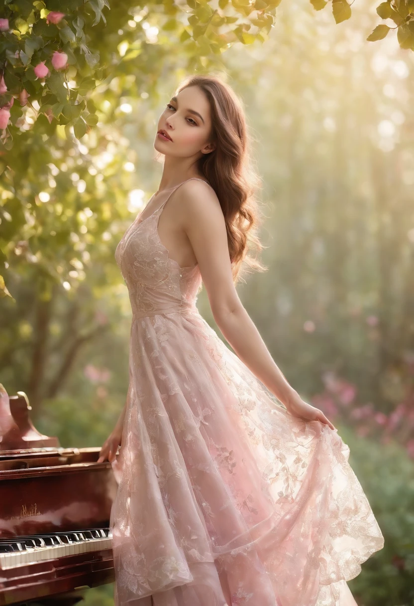 a girl wearing a dress made of piano,grand piano dress,vintage piano dress,piano strings as dress details,elaborate piano keys as the texture,black and white outfit,delicate embroidery on the dress,cascading ruffles,innovative design,musical inspiration,sparkling crystals,mermaid silhouette,graceful movements,an ethereal garden scene, with blooming flowers,vibrant colors,soft sunlight filtering through the trees,majestic trees casting shadows,rustling leaves,dewdrops on petals,whispering breeze,harmonious melodies filling the air,musical notes dancing on the girl's dress,butterflies and birds fluttering around,vivid hues of pink,purple, and green,dreamlike atmosphere,impressive level of detail,high-resolution painting,realistic rendering of the piano keys,emphasizing the elegance and grandeur of music,impressionistic style with soft brushstrokes,impeccable lighting with subtle chiaroscuro effects