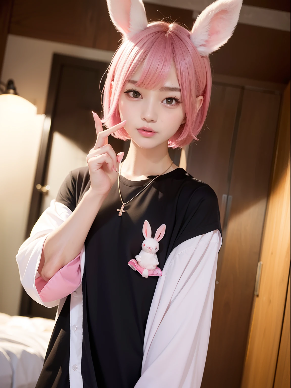 Watching NBA games、Baseball Day Games、salesgirl、Oversized Baseball Shirts、Hollow eyes、waking up、sleepy、Pink hair、Realistic rabbit ears、rabbit ears pink hair sticking out of the head,,,,,,,,,、smil、Bewitching atmosphere、Beautiful shaped hands、K-POP、Pink rabbit ears、1 girl in、独奏、masterpiece、top-quality、realisitic、Hyper-detailing、(Glossy skin:1.4)、absurderes、short pink hair、Slender beauties、动态照明、hight resolution、foco nítido、depth of fields、(thick thight:1.0)、A slender :1.2、small tits:1.5、((Short-cut bob hair))、((k pop:1.3))、Highly detailed facial and skin texture、((魅惑的))、Anatomically correct number of fingers、Correct anatomy、Angle from below