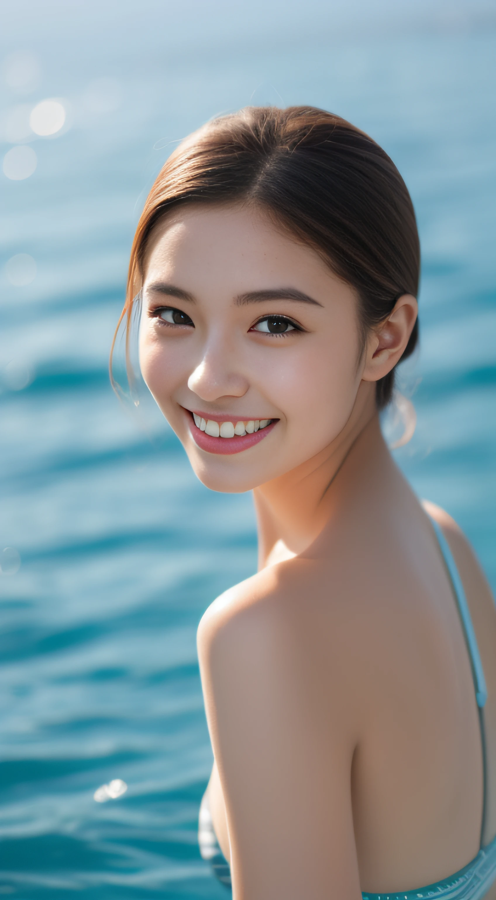 ((top-quality、8K、masuter piece:1.3))、1 female、Colorful Hair Color、Beautiful girl emphasizing slender abs:1.3、爆乳:1.2、Pose Seductive、Bright summer sea、hyperdetailed face、High detailed lips、A detailed eye、Pretty smile、二重まぶた、F/1.8, 135 mm, NIKON, nffsw, retinas, masutepiece, ccurate, Anatomically correct, Textured skin, Super Detail, high details, High quality, awardwinning, Best Quality, hight resolution, bikini of