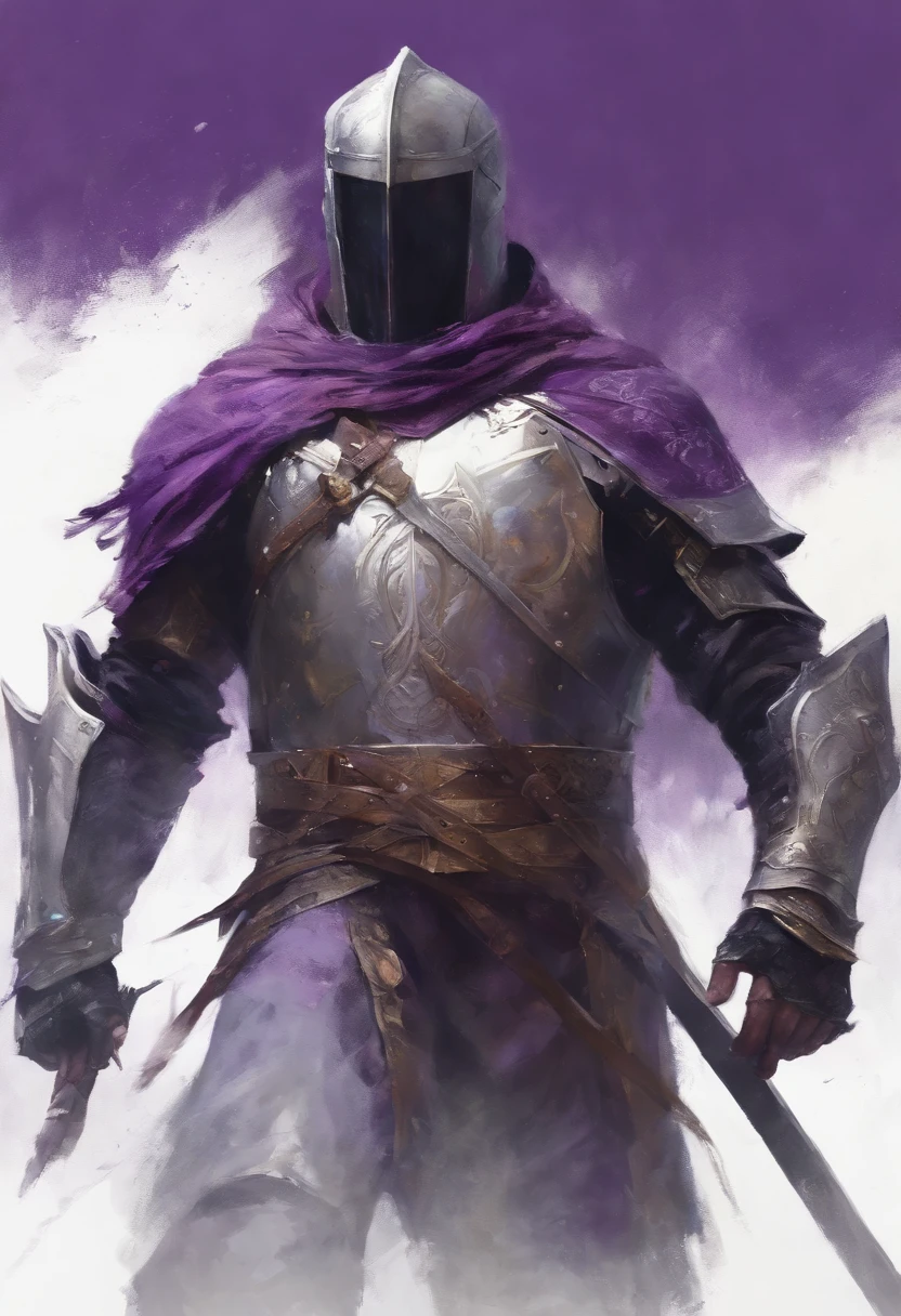 Strong Male,Paladin Knight,walking, Centered,purple scarf, Looking at the camera, Facing the camera, Approaching perfection, Dynamic, Highly detailed, Smooth, Sharp Focus, 8K, hight resolution, Illustration, art by carne griffiths and wadim kashin, White background