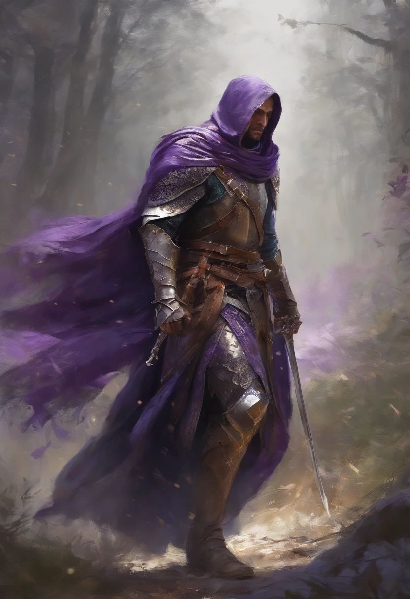 Strong Male,Paladin Knight,walking, Centered,purple scarf, Looking at the camera, Facing the camera, Approaching perfection, Dynamic, Highly detailed, Smooth, Sharp Focus, 8K, hight resolution, Illustration, art by carne griffiths and wadim kashin, White background