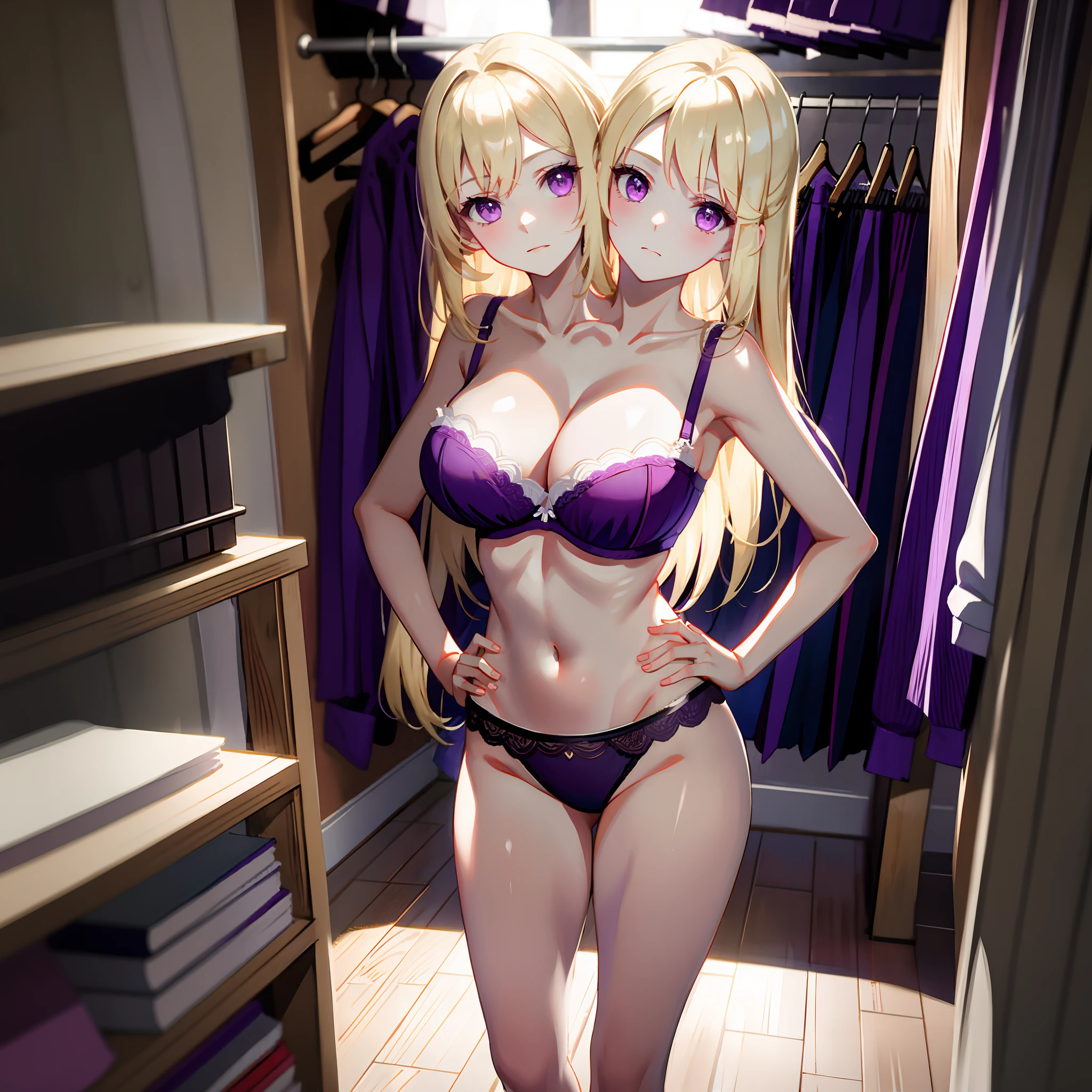 (masterpiece, best quality), best resolution, (2heads:1.5), 1girl, blond hair, purple eyes, contemplative, deciding what to wear, hands on hips, pink bra and panties, walk-in closet with hanging clothes, girl's closet