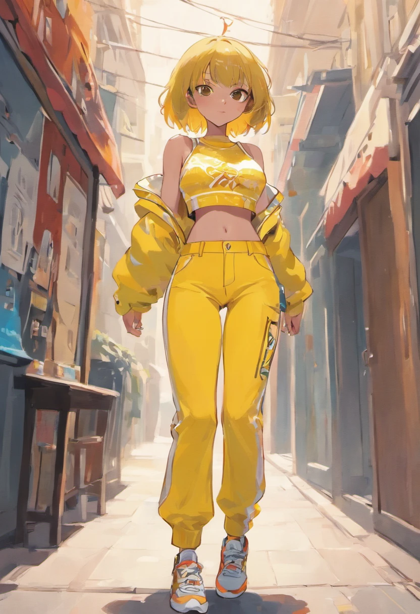 Beautiful Latina woman in sports yellow pants and yellow top standing on the sidewalk, usando regata vermelha, tanque vermelho, cintura fina, Midriff Nu, midriff exposto, usando um top cropped sexy, Encaixe figura delicada, usando uma roupa vermelha, yellow bra, tinyest midriff ever, roupas vermelhas, foto de modelo de slim