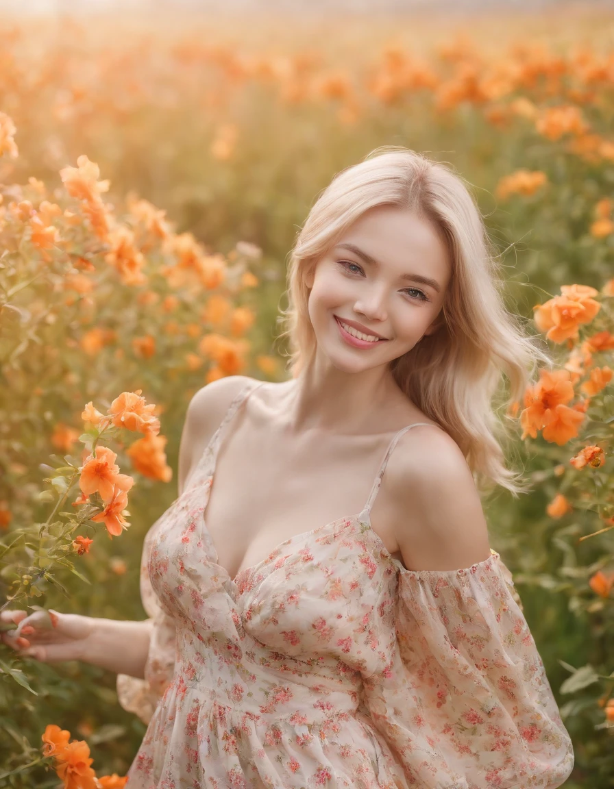 (masutepiece, Vivid portrait:1.3), (Seductive depiction of blonde woman in flower garden:1.2), (Canon EOS 5D Mark IV Camera, Famous for capturing vibrant colors and rich textures:1.2), (Paired with Canon EF 35mm F/1.4L II USM lens for versatile compositions:1.2), (Flowing, voluminous blonde hair caught in the breeze, Adding dynamism:1.1), (Glowing blue eyes reflecting the shade of the sky:1.1), (A perfect face that exudes perfection:1.1), (Knee-length sundress full of kaleidoscopes of colors:1.1), (Her cheerful smile radiating pure happiness:1.1), (Playful movements of the dress to capture the light:1.1), (A mix of wildflowers to create a vibrant backdrop:1.1), (Sunlit fields depicting a joyful atmosphere:1.1), (The sensor of the camera is、Captures the intricate texture of her hair and fabric:1.1), (Lenses that highlight her seductive smile and vibrant outfit:1.1), (A moment to capture carefree joy in nature:1.1), (The synergy of color and emotion in one frame:1.1), (Portrait capturing the essence of the radiant spirit in a blooming landscape:1.1)