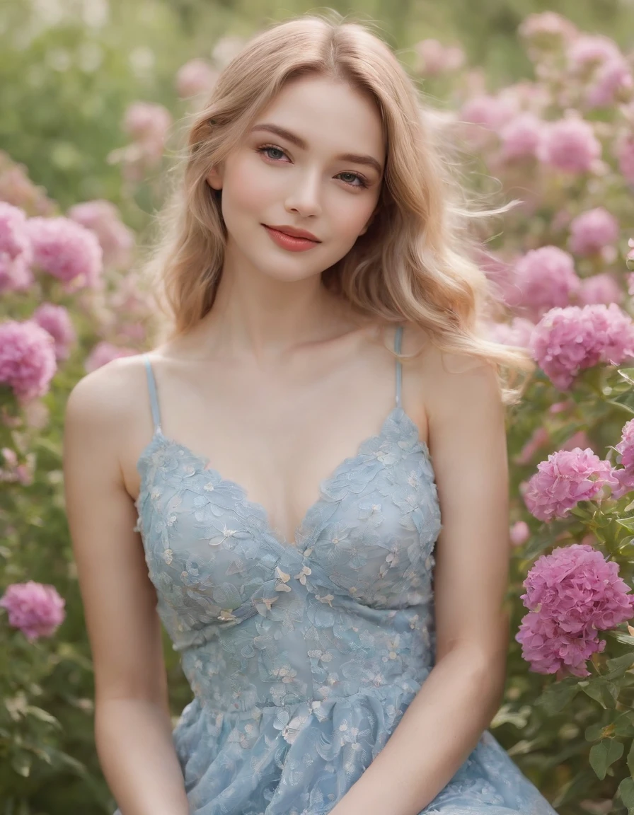 (masutepiece, Vivid portrait:1.3), (Seductive depiction of blonde woman in flower garden:1.2), (Canon EOS 5D Mark IV Camera, Famous for capturing vibrant colors and rich textures:1.2), (Paired with Canon EF 35mm F/1.4L II USM lens for versatile compositions:1.2), (Flowing, voluminous blonde hair caught in the breeze, Adding dynamism:1.1), (Glowing blue eyes reflecting the shade of the sky:1.1), (A perfect face that exudes perfection:1.1), (Knee-length sundress full of kaleidoscopes of colors:1.1), (Her cheerful smile radiating pure happiness:1.1), (Playful movements of the dress to capture the light:1.1), (A mix of wildflowers to create a vibrant backdrop:1.1), (Sunlit fields depicting a joyful atmosphere:1.1), (The sensor of the camera is、Captures the intricate texture of her hair and fabric:1.1), (Lenses that highlight her seductive smile and vibrant outfit:1.1), (A moment to capture carefree joy in nature:1.1), (The synergy of color and emotion in one frame:1.1), (Portrait capturing the essence of the radiant spirit in a blooming landscape:1.1)