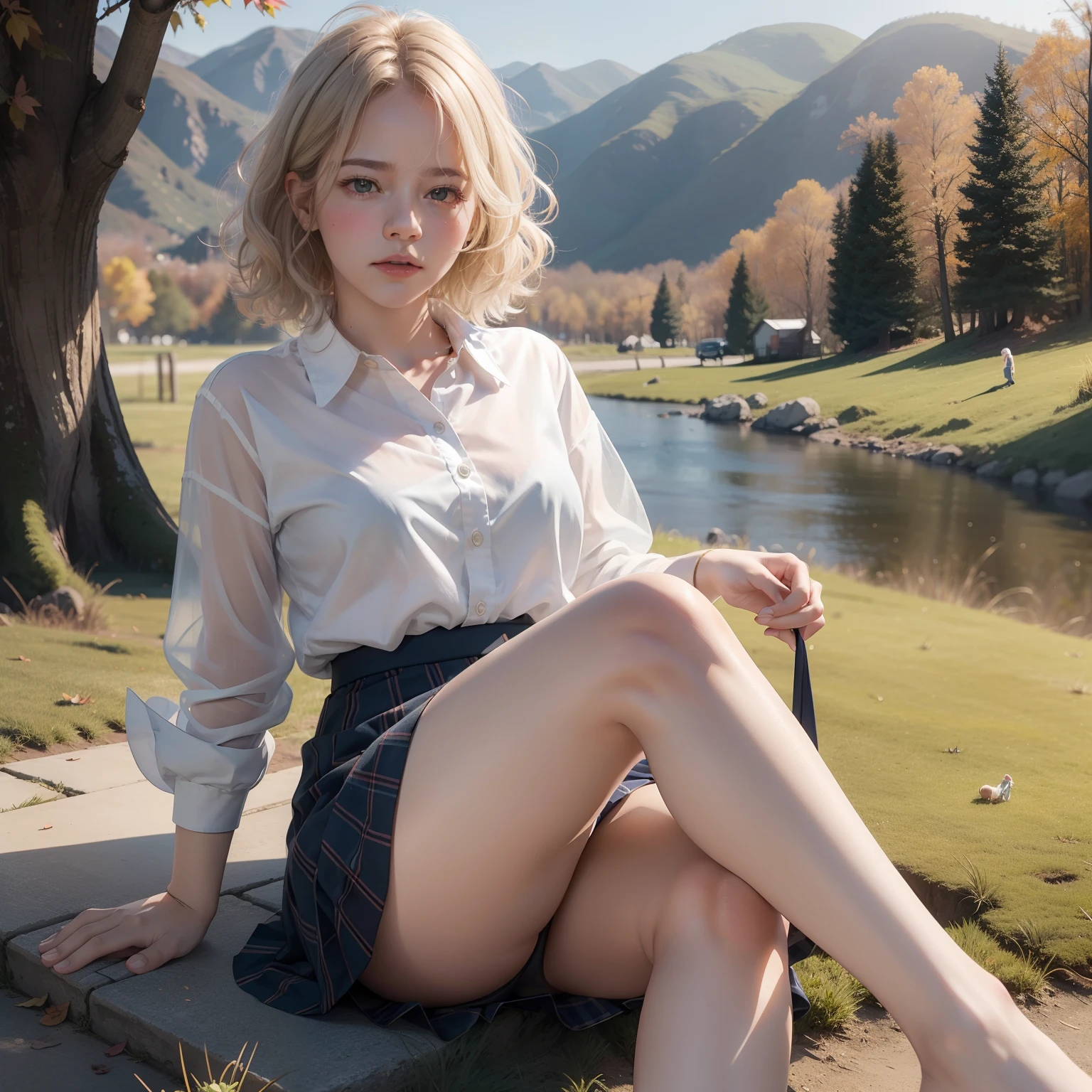 Meg Ryan's vibe、Very short hairstyle、 fat girl、18year old、Bronze hair、Curly、Transparent cotton shirt、Angry face、Autumn landscape、Hair illuminated by the sun、Little fat woman、skirt by the、white hair、shorth hair、hightquality、a miniskirt、校服、tanned face、tiny chest、Underwear is visible from the skirt、A sexy、Sheer、 appearance、see -through、drooing eyes、Short hairstyle、Littleirl、sulky face、Best Quality, full-face blush. Plaid skirt and navy skirt, pantie shot, pov feet, Barefoot, Open your clothes. pile-driver. (thighs thighs thighs thighs).(Open your clothes)