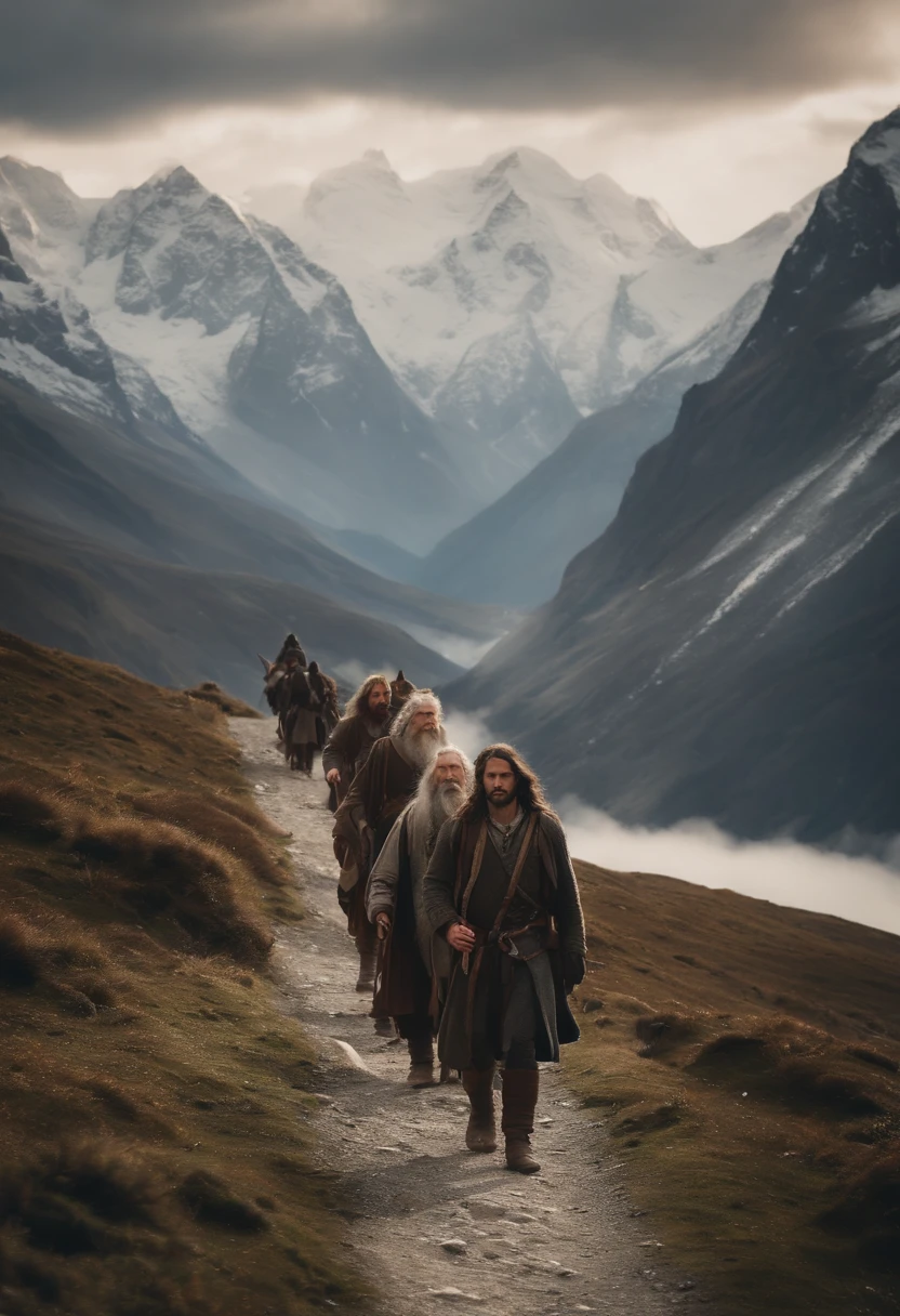 On the majestic snow-capped mountains, a group of explorers from "The Lord of the Rings" are marching,Middle-earth,Magical scenes