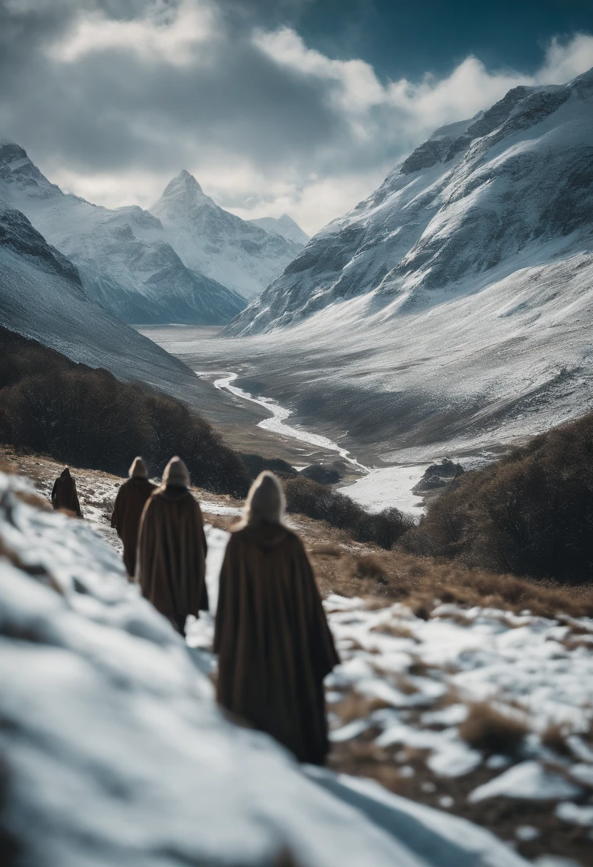 On the majestic snow-capped mountains, a group of explorers from "The Lord of the Rings" are marching，Middle-earth，Magical scenes