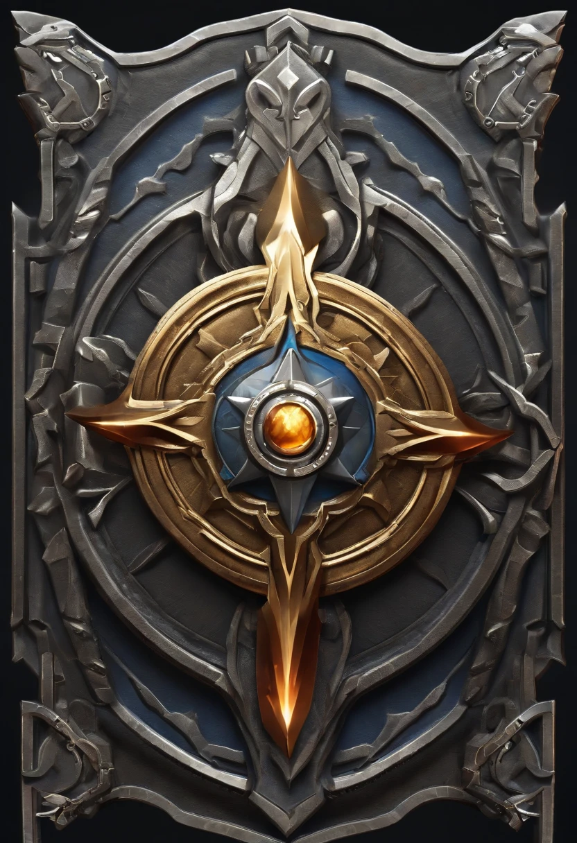 （Game achievement badge design），（In the middle of the medallion is the icon of the forging table），（The icon for the composition theme),Silver，Flat 2D effect
