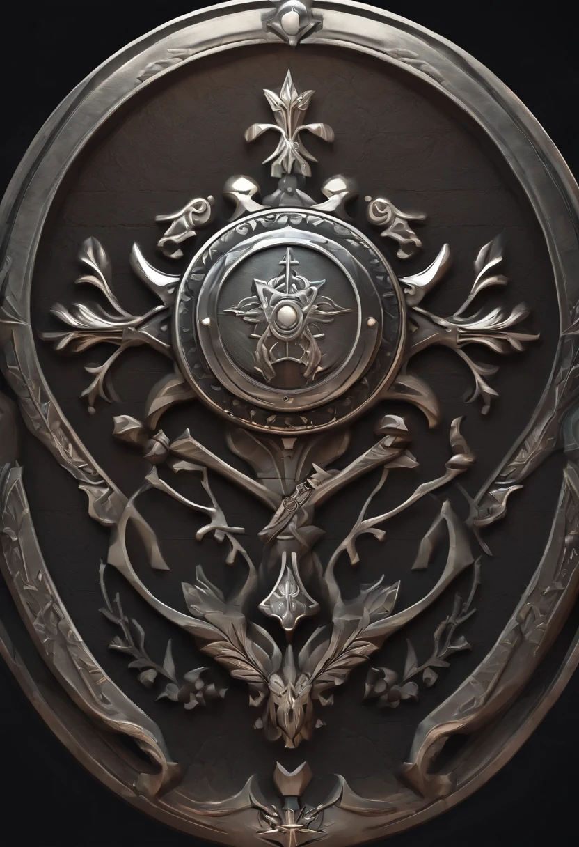 （Game achievement badge design），（In the middle of the medallion is the icon of the forging table），（The icon for the composition theme),Silver，Flat 2D effect