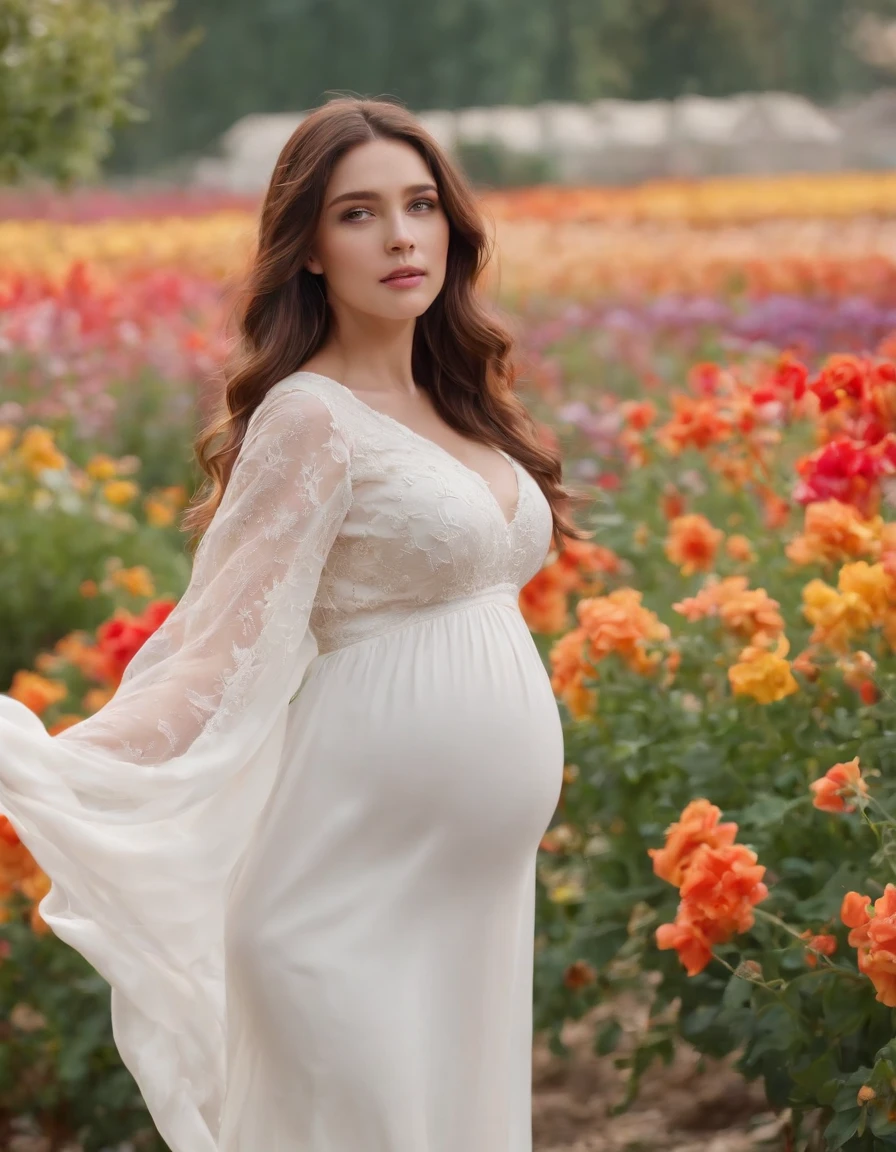 Cowboy Shot,Medium Long Shot,pregnant woman,Beautiful girl, Stand with your hands dangling, long hair flowing with the wind, In the middle of colorful flower beds, White dress