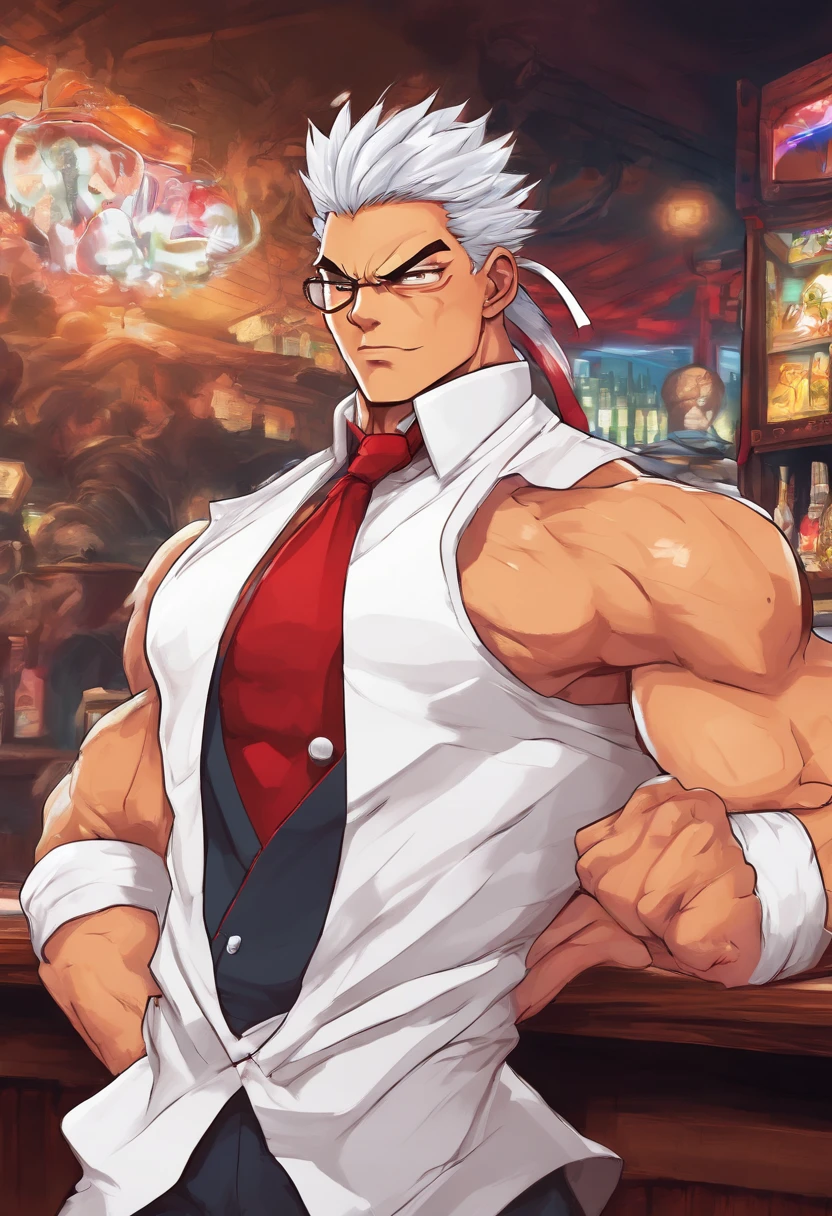 Masterpiece realistic, best high quality, perfect details, RAW Photo, intricate details, nice lighting, 4K, detailed background, big muscle, bartender minotaur, glasses, male, short hairstyle, white hair, tuxedo, behind counter, bar, smile, standing sex, stealth sex, clothe sex, sex, anal, gangbang invcoming