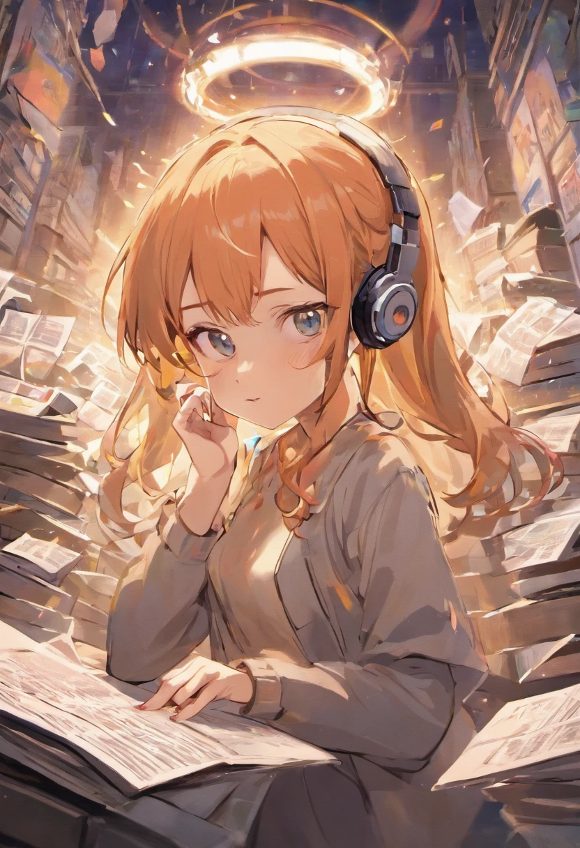 At the center of the frame is a savvy woman listening through headphones, surrounded by a scatter of newspapers and magazines. A halo appears on one of her hands, indicating that she has grasped some information that others are not privy to.