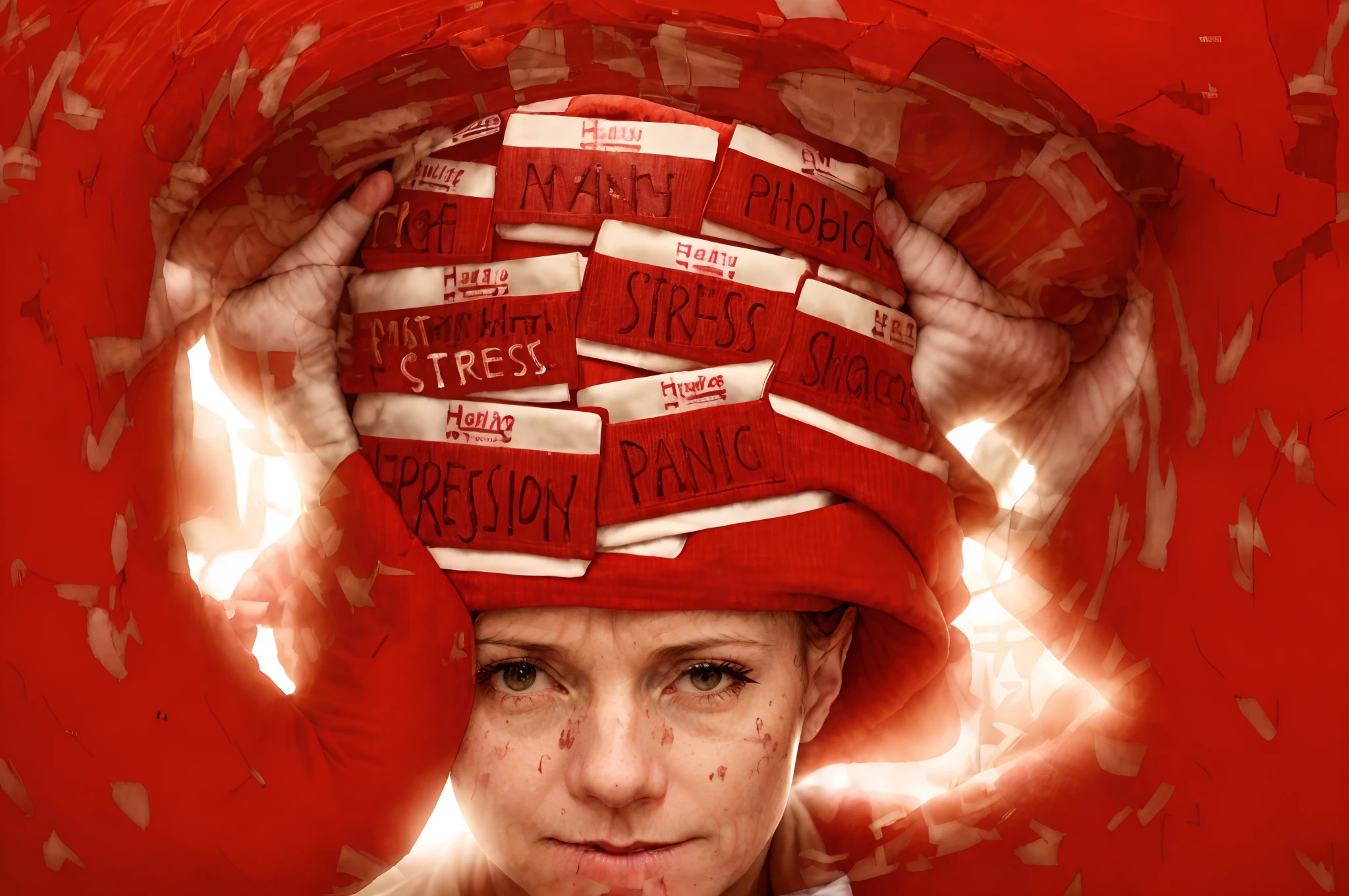 a person with a red and white hat on their head, mental health, mental illness, anxiety environment, stressed expression, stressing out, unnerving anxiety, submecanophobia, emotional and expressive, stressed out, intrusive thoughts, negative self-talk, headspace, mental pandemonium, it's all in your head, anxiety, struggling, !!beautiful!!