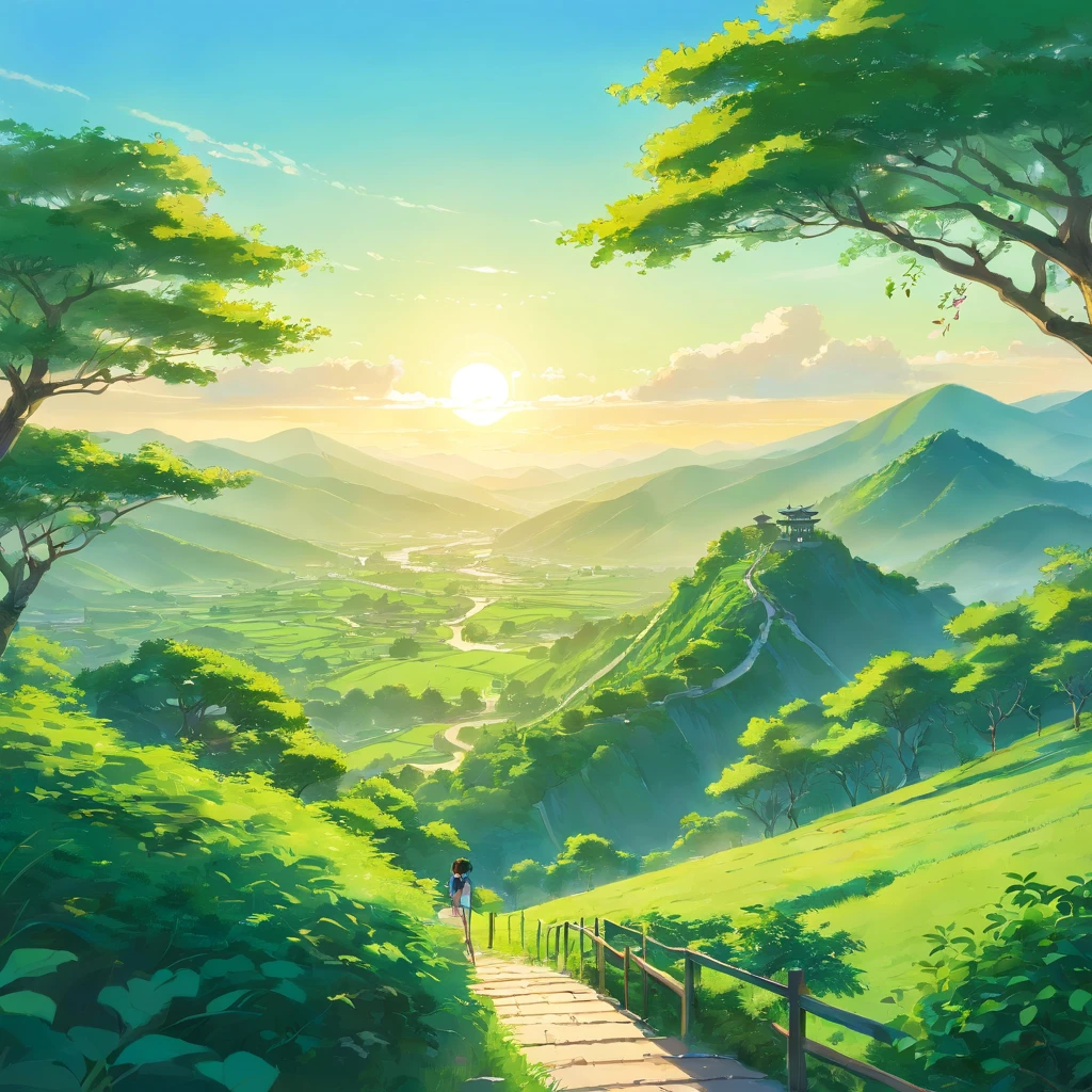 Chinese Landscape Ink Painting High Angle Perspective OC Rendered Sculpture, green trees and green hills, morning vibes with sun, 4K