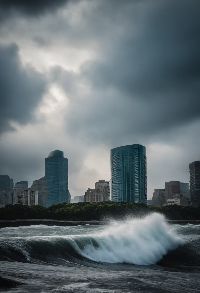 tidal waves,Armageddon,Greatwave,flap,The run-down city creates a cinematic cityscape,A towering tsunami pounds the city's skyline. The lens should capture the absolute power and destructive power of the wave, The building in the foreground is partially submerged, debris flying, and the feeling that disaster is imminent. Long lens camera angle with EE 70mm lens on the Nikon D850, Aim for high resolution, Photorealistic rendering. Ensure that the scene is highly detailed, With HDR lighting, And convey a sense of urgency and confusion.