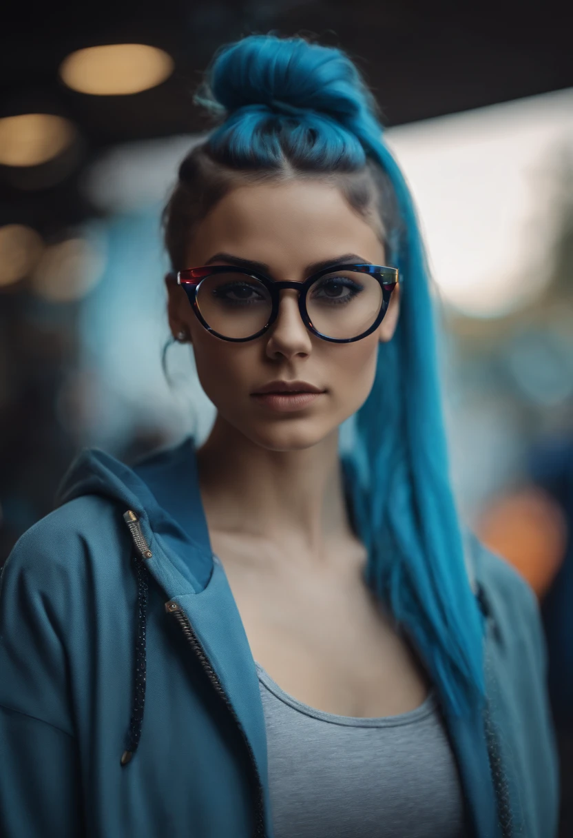 Beautifull girl wearing crop top jacket, wearing glasses, colorfull, sporty, blue ponytail hairstyle, dynamic pose, detailed, hd