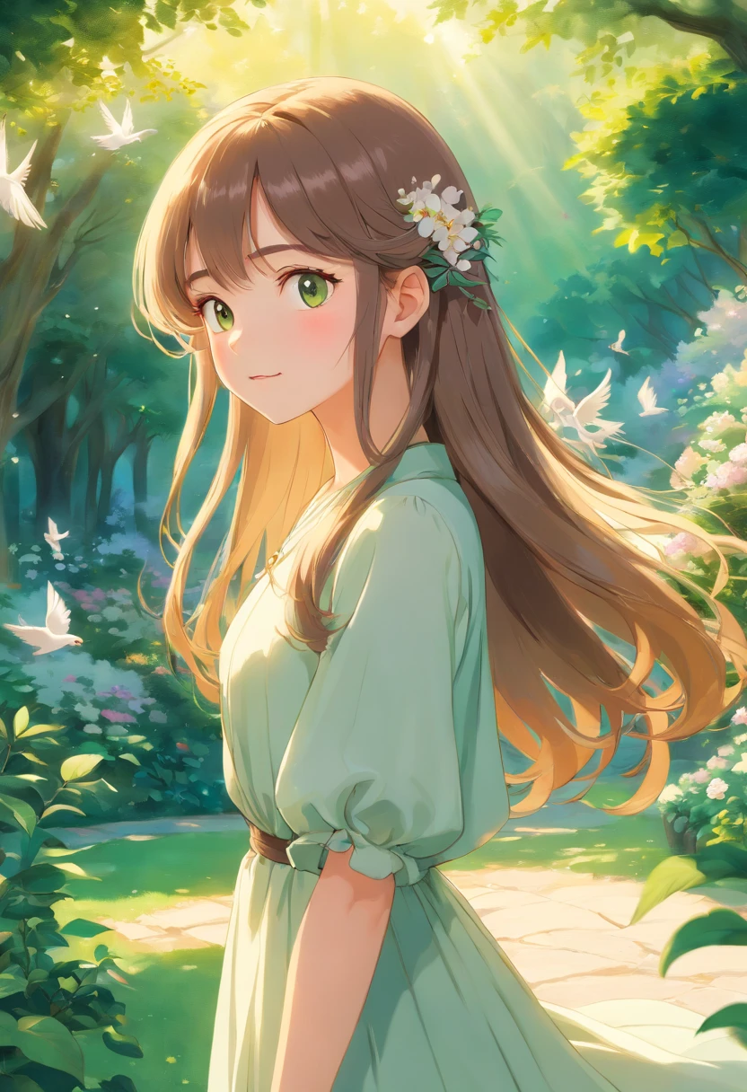 (best quality,4k,8k,highres,masterpiece:1.2),ultra-detailed,(realistic,photorealistic,photo-realistic:1.37),landscape,oil painting,beautiful detailed girl,green garden,sunlight,flowing dress,happy expression,colorful flowers,soft brushstrokes,ethereal atmosphere,vibrant colors,gentle breeze,flying birds,artistic composition,fine textures,natural light,playful shadows,blurred background,impressionistic style,graceful pose,delicate features,long flowing hair,peaceful ambiance,harmonious color palette,serene atmosphere,subtle details,serene and enchanting,art deco influences,warm and inviting,sublime beauty,magical garden,majestic surroundings