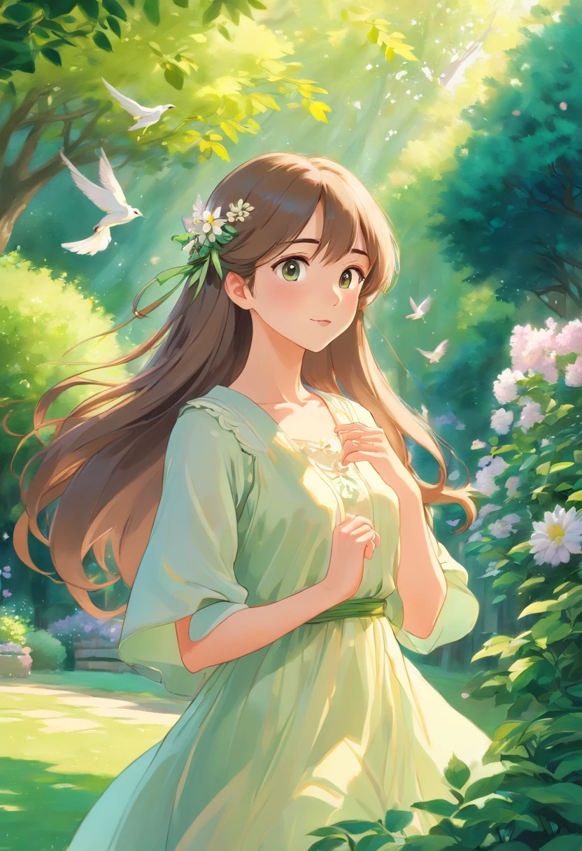 (best quality,4k,8k,highres,masterpiece:1.2),ultra-detailed,(realistic,photorealistic,photo-realistic:1.37),landscape,oil painting,beautiful detailed girl,green garden,sunlight,flowing dress,happy expression,colorful flowers,soft brushstrokes,ethereal atmosphere,vibrant colors,gentle breeze,flying birds,artistic composition,fine textures,natural light,playful shadows,blurred background,impressionistic style,graceful pose,delicate features,long flowing hair,peaceful ambiance,harmonious color palette,serene atmosphere,subtle details,serene and enchanting,art deco influences,warm and inviting,sublime beauty,magical garden,majestic surroundings