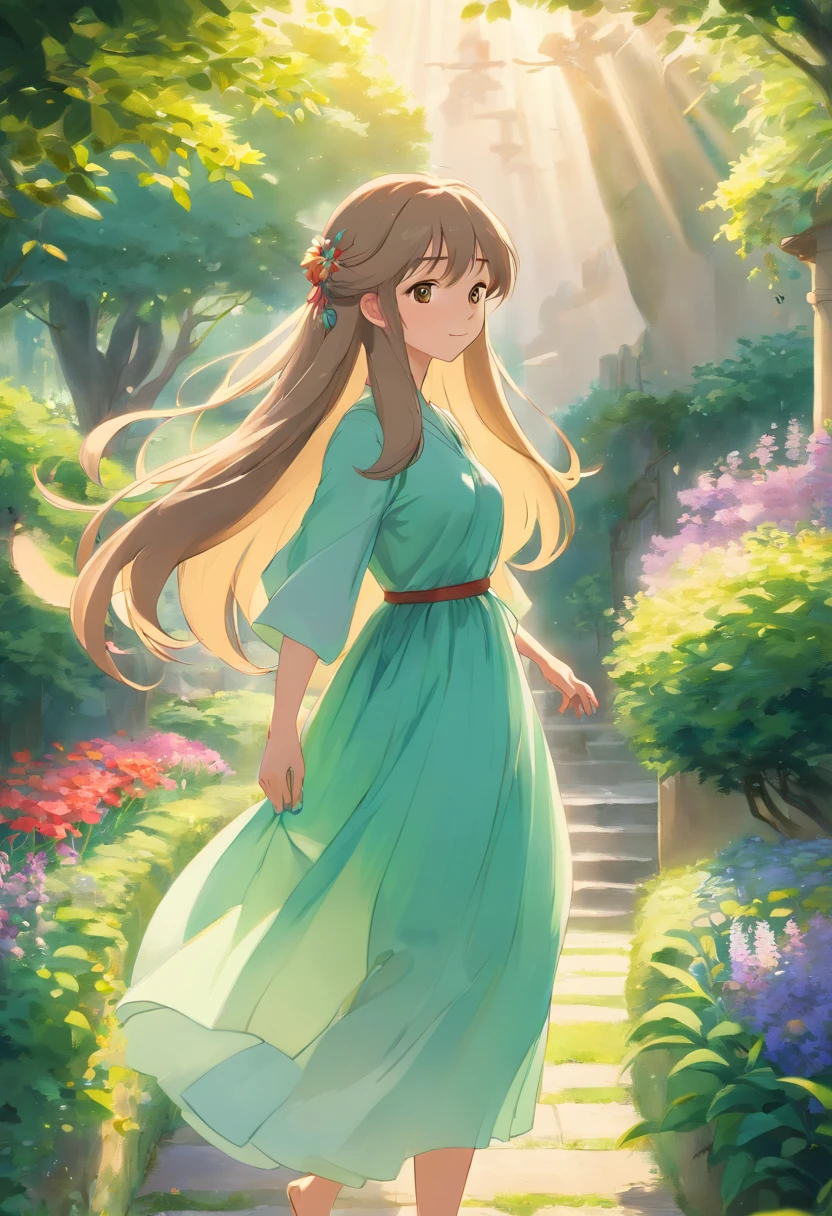 (best quality,4k,8k,highres,masterpiece:1.2),ultra-detailed,(realistic,photorealistic,photo-realistic:1.37),landscape,oil painting,beautiful detailed girl,green garden,sunlight,flowing dress,happy expression,colorful flowers,soft brushstrokes,ethereal atmosphere,vibrant colors,gentle breeze,flying birds,artistic composition,fine textures,natural light,playful shadows,blurred background,impressionistic style,graceful pose,delicate features,long flowing hair,peaceful ambiance,harmonious color palette,serene atmosphere,subtle details,serene and enchanting,art deco influences,warm and inviting,sublime beauty,magical garden,majestic surroundings