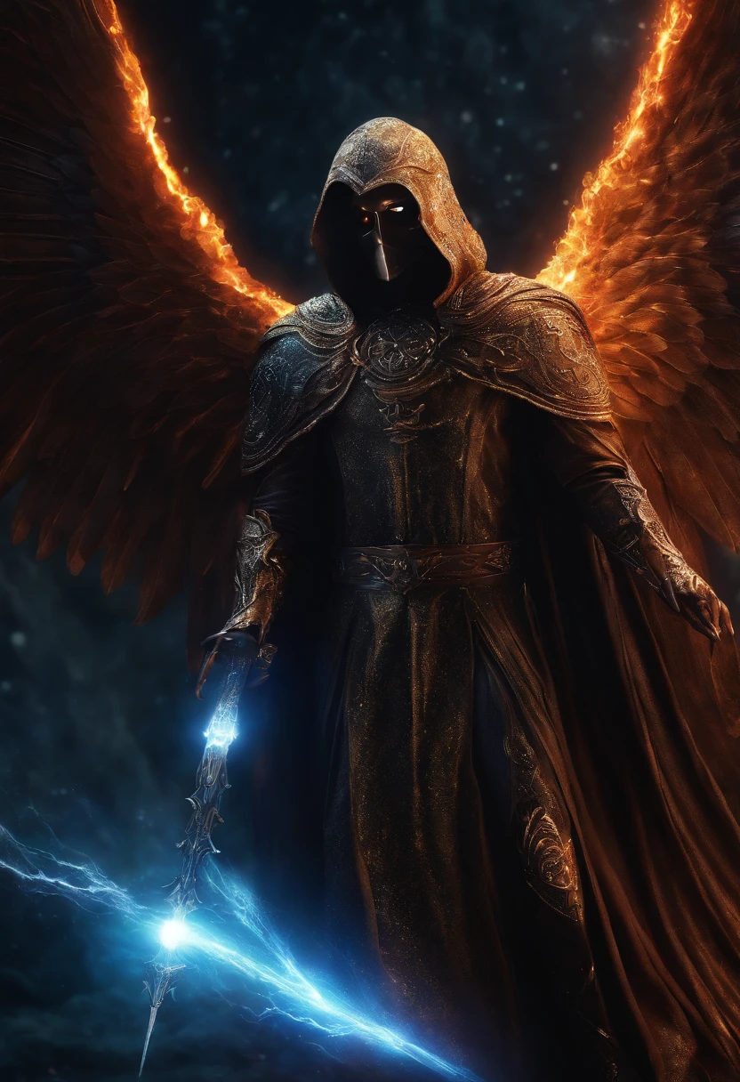 Cosmic Fallen Angel, glowing light eyes, Biomechanical, eerie, Creepy, nightmarish, Very bright colors, Light particles, with light glowing, Mshiv, wallpaper art, UHD wallpaper, Anakyr Skywalker, years, Medieval clothes