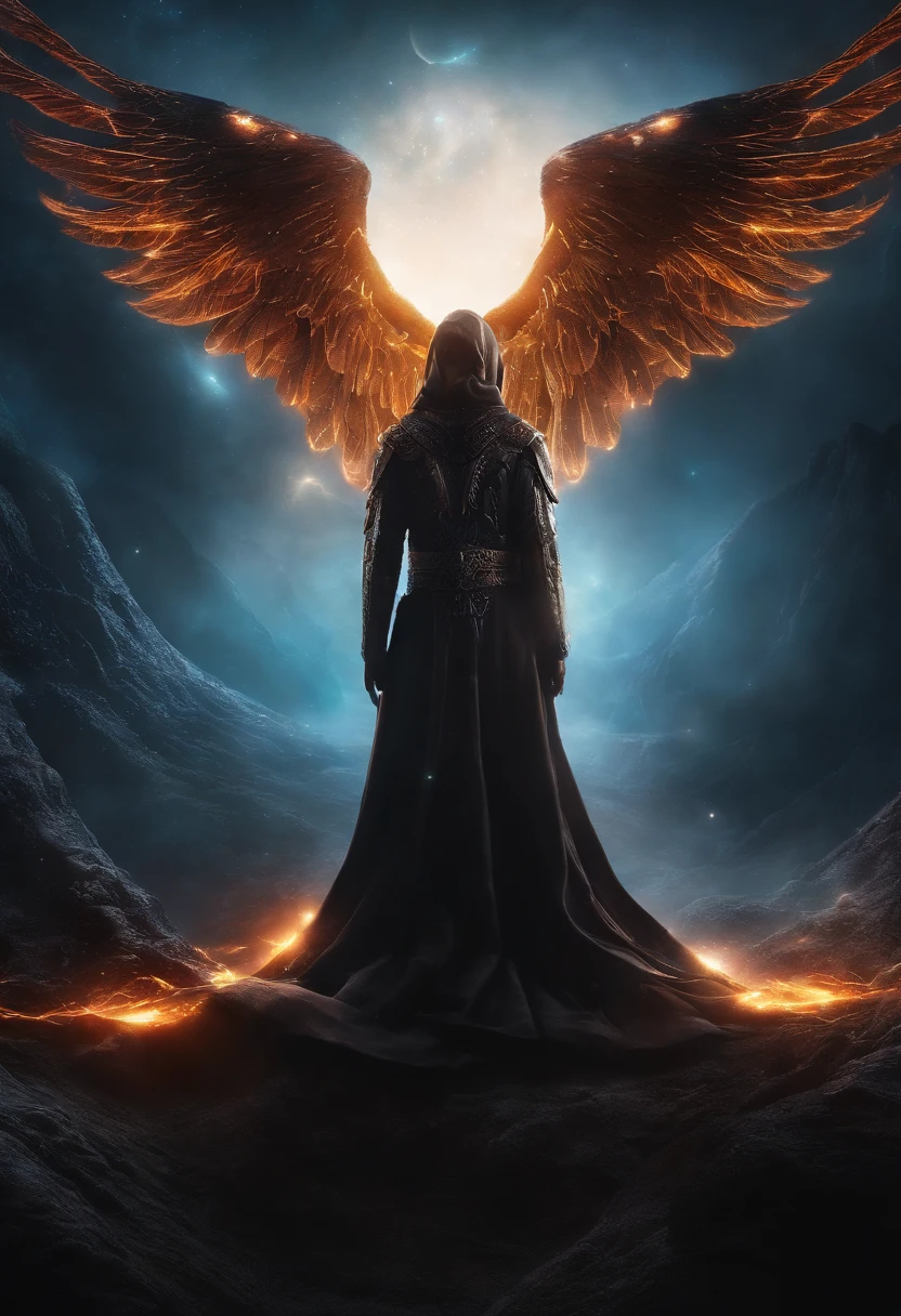 Cosmic Fallen Angel, glowing light eyes, Biomechanical, eerie, Creepy, nightmarish, Very bright colors, Light particles, with light glowing, Mshiv, wallpaper art, UHD wallpaper, Anakyr Skywalker, 15 years, Medieval clothes