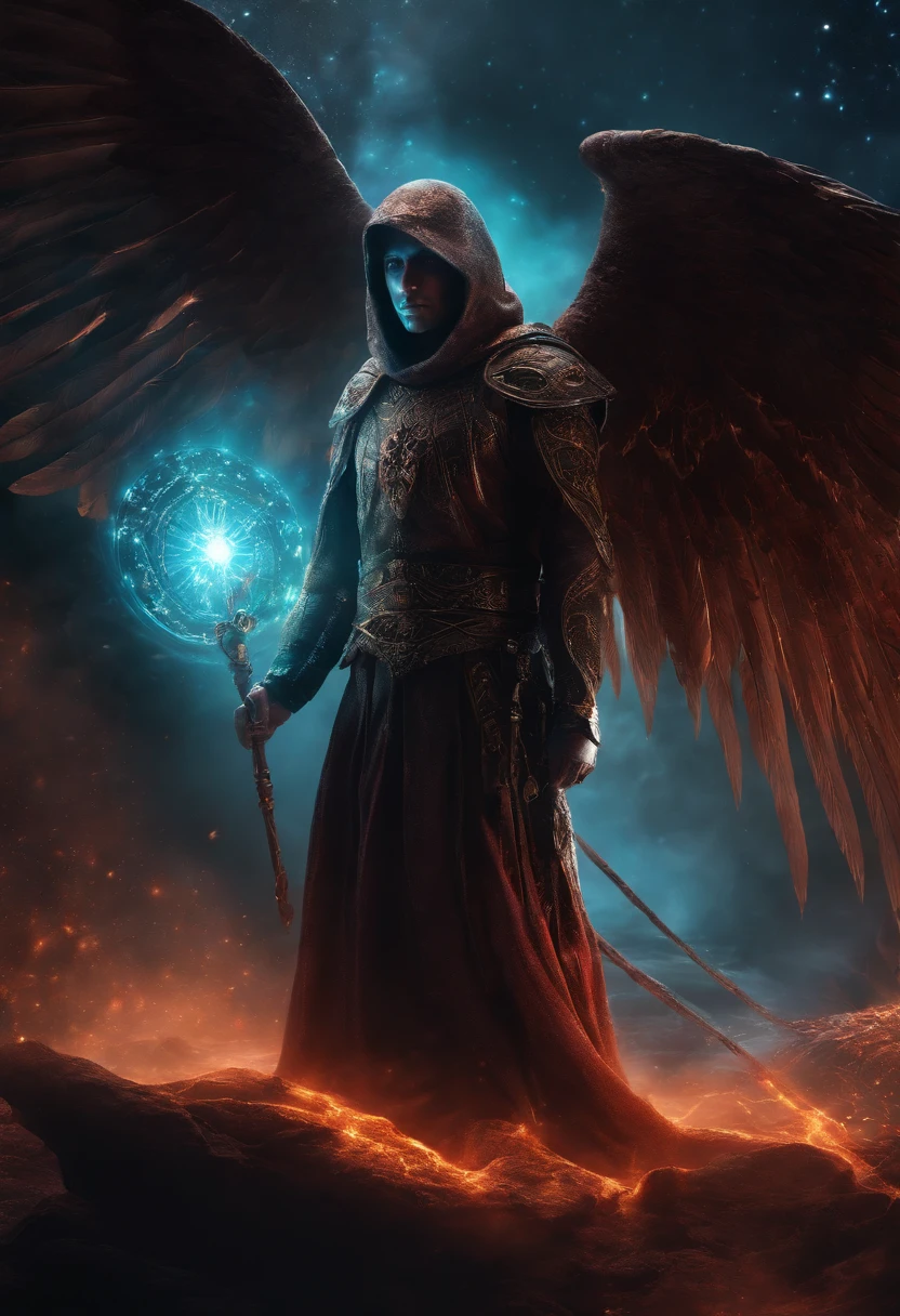 Cosmic Fallen Angel, glowing light eyes, Biomechanical, eerie, Creepy, nightmarish, Very bright colors, Light particles, with light glowing, Mshiv, wallpaper art, UHD wallpaper, Anakyr Skywalker, years, Medieval clothes