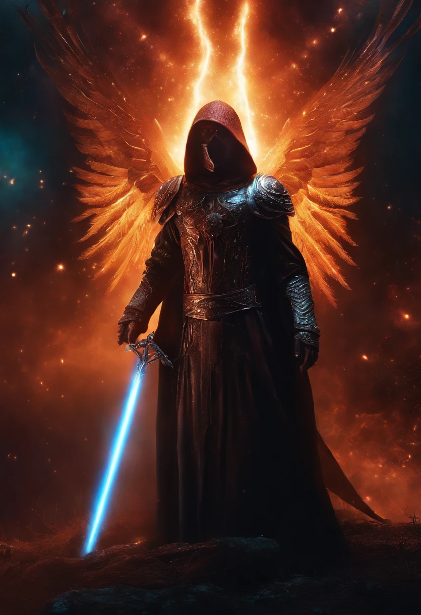 Cosmic Fallen Angel, glowing light eyes, Biomechanical, eerie, Creepy, nightmarish, Very bright colors, Light particles, with light glowing, Mshiv, wallpaper art, UHD wallpaper, Anakyr Skywalker, years, Medieval clothes