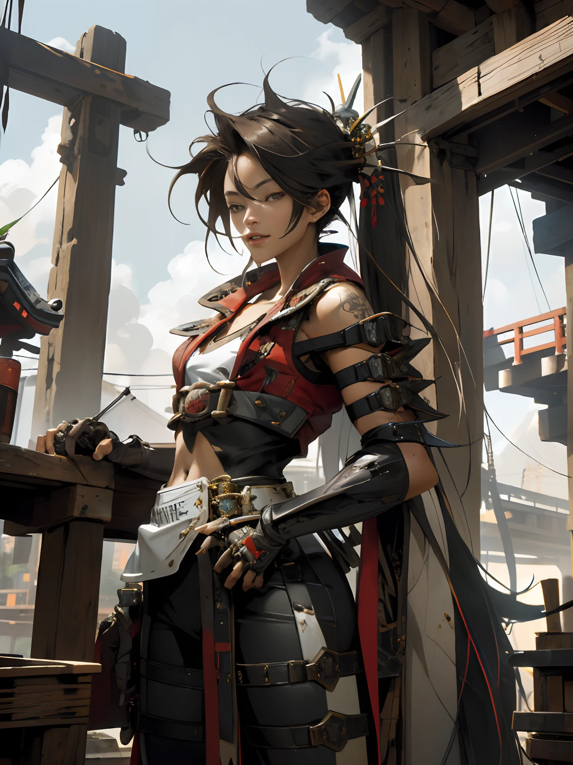 (masterpiece, best quality:1.2), 1girl, solo, fighting pose, katana, black hair, low ponytail. long hair, black eyes, thick eyebrows, small breasts, black bodysuit, gray pants, japanese clothes, japanese gauntlets, japanese greaves, japanese armor, tabi, sandals, head ornament, red flower chocker, bare arms, cowboy shot, outdoors, full body, victorian, london,  <lora:Chise sdxl_lora:1> <lora:HerrscherAGGA2023_Kuroboshi_Kouhaku_Style_V1:0.6>
