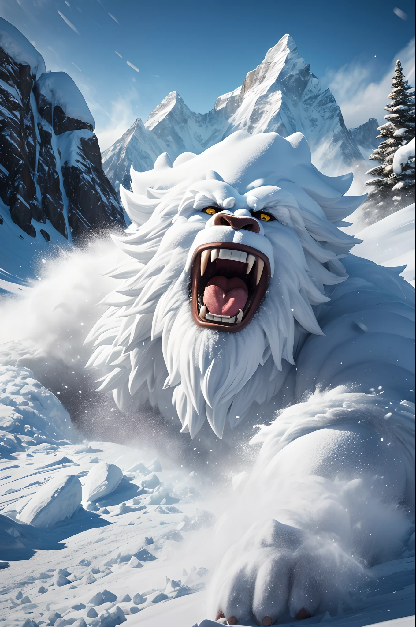 Bigfoot, yeti, snowy mountains, blizzard, harsh environment, ice, rocky mountains, roaring with wide open mouth, about to attack, whiteout, 8k, 16k, award winning, highres, best quality, high details, anatomically correct, masterpiece